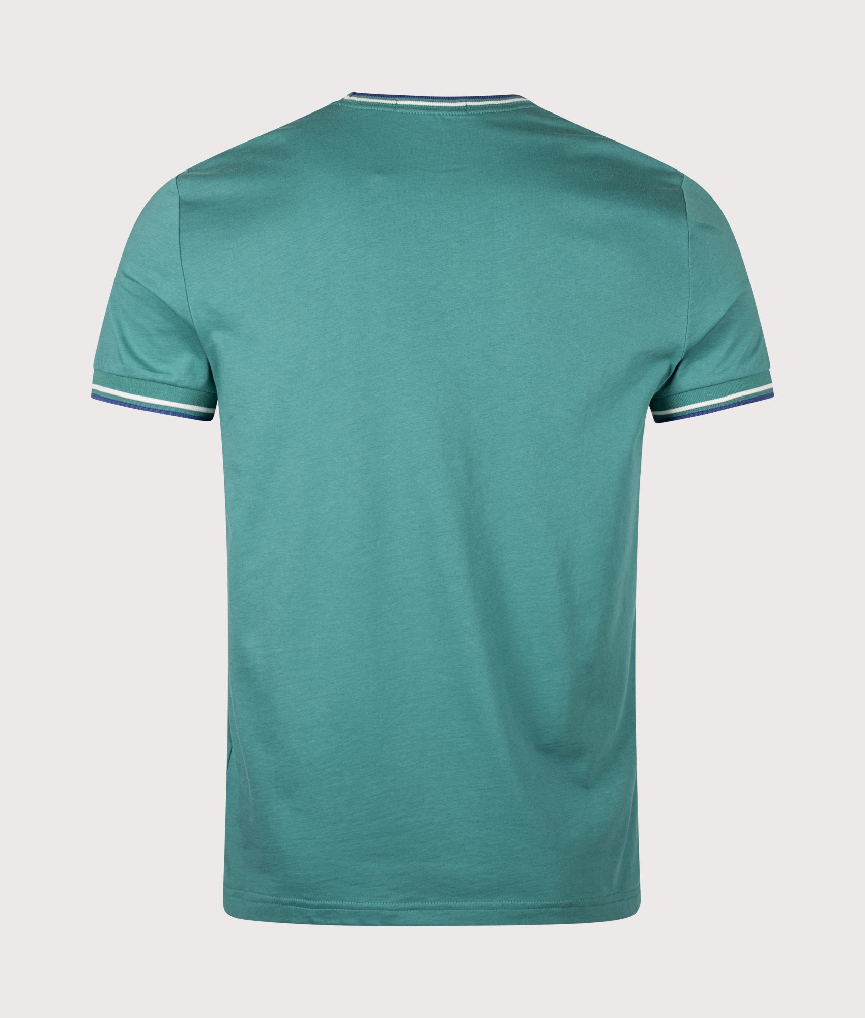 Fred Perry Twin Tipped T-Shirt in Deep Mint, Snow White and Soho Eclipse at EQVVS Menswear. Back shot.