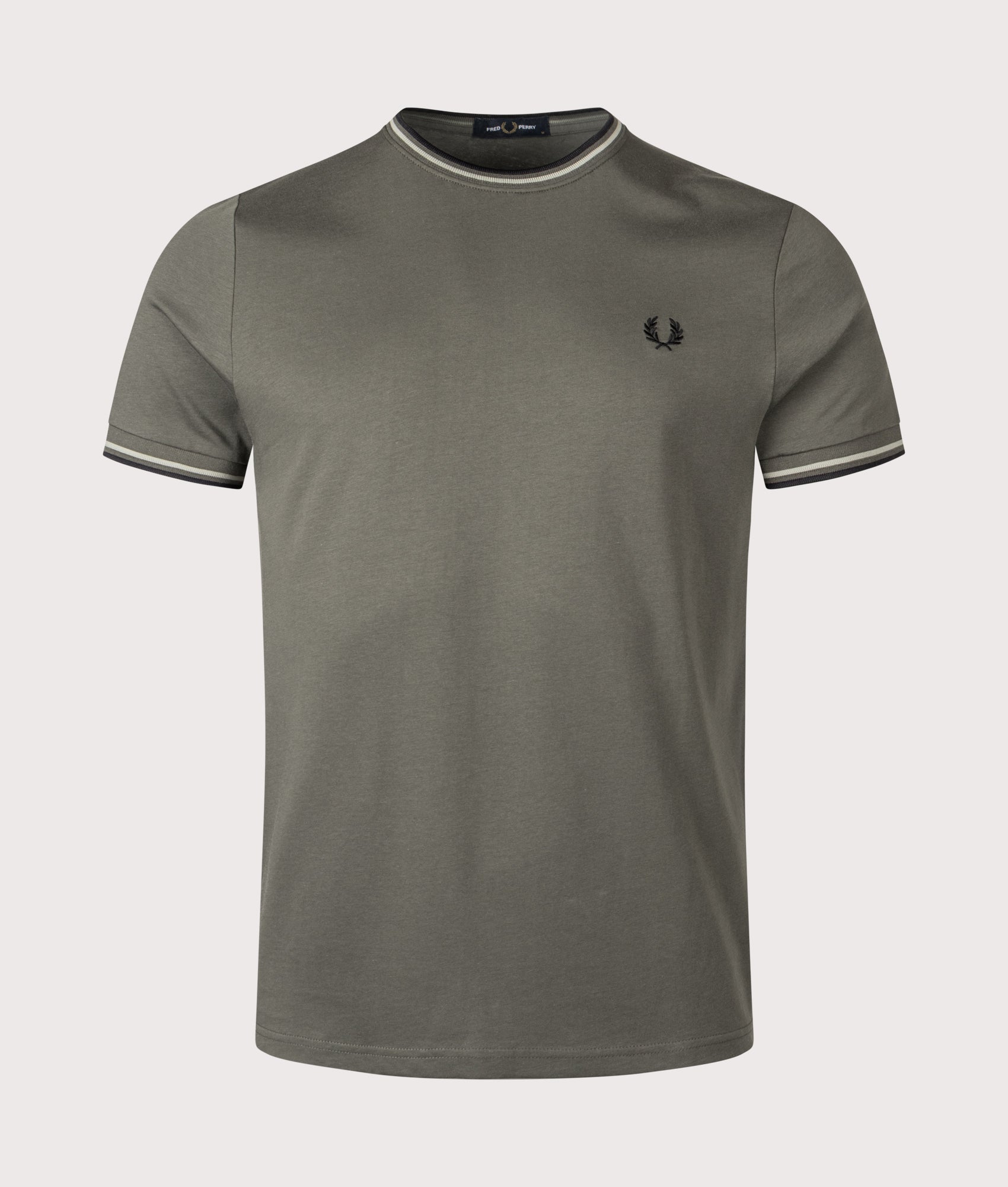 Fred Perry Twin Tipped T-Shirt in Field Green, Seagrass and Black at EQVVS Menswear. Front shot.