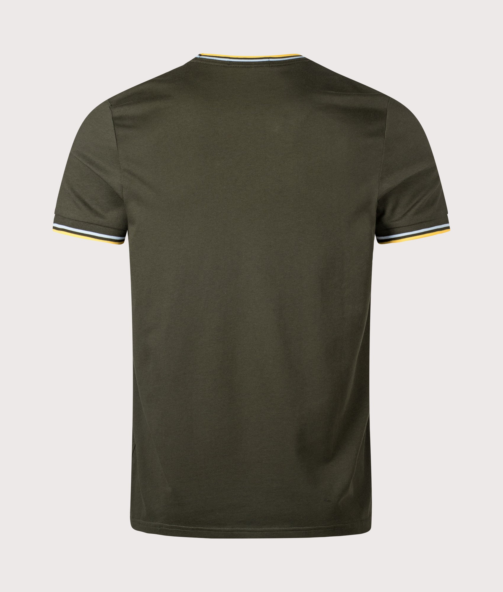 Fred Perry Twin Tipped T-Shirt in Hunting Green, Light Ice and Lemon Barley at EQVVS Menswear. Back shot.