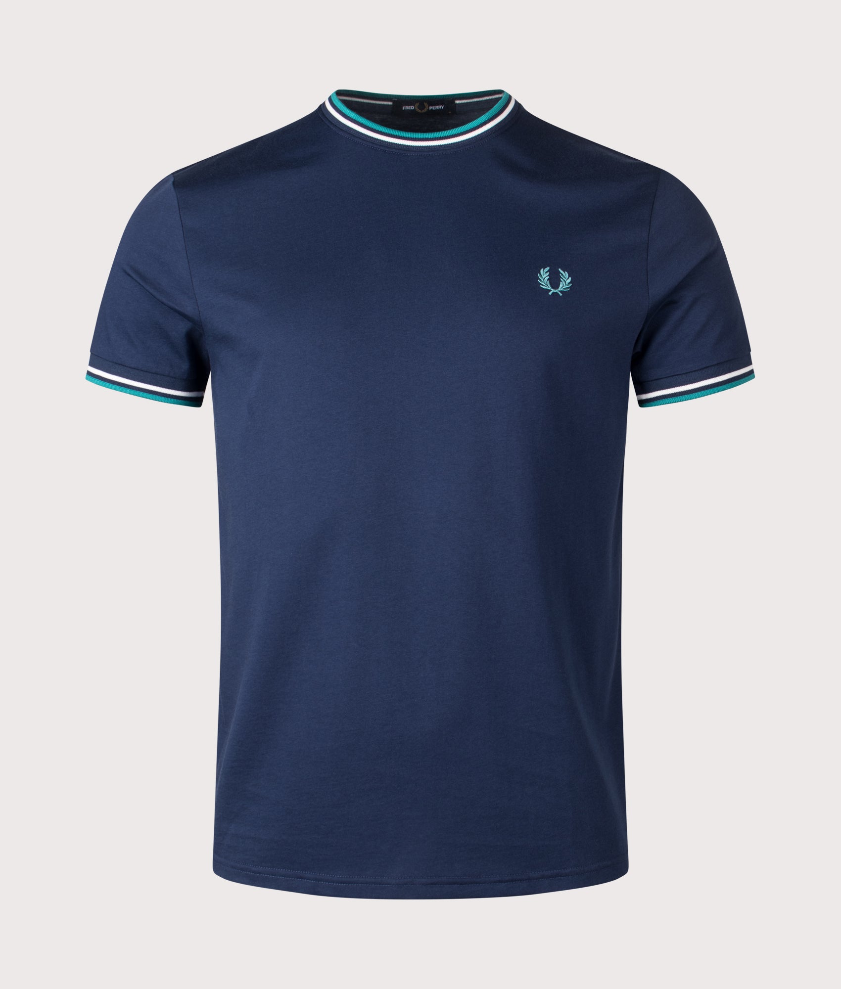 Fred Perry Twin Tipped T-Shirt in Tennis Blue, Snow White and Deep Mint at EQVVS Menswear. Front shot.