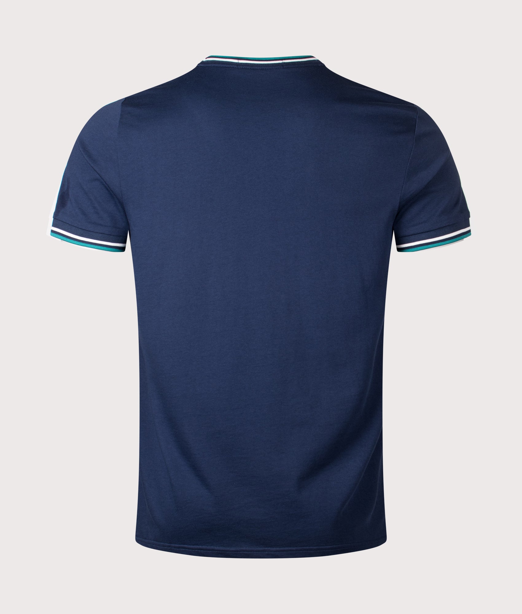 Fred Perry Twin Tipped T-Shirt in Tennis Blue, Snow White and Deep Mint at EQVVS Menswear. Back shot.