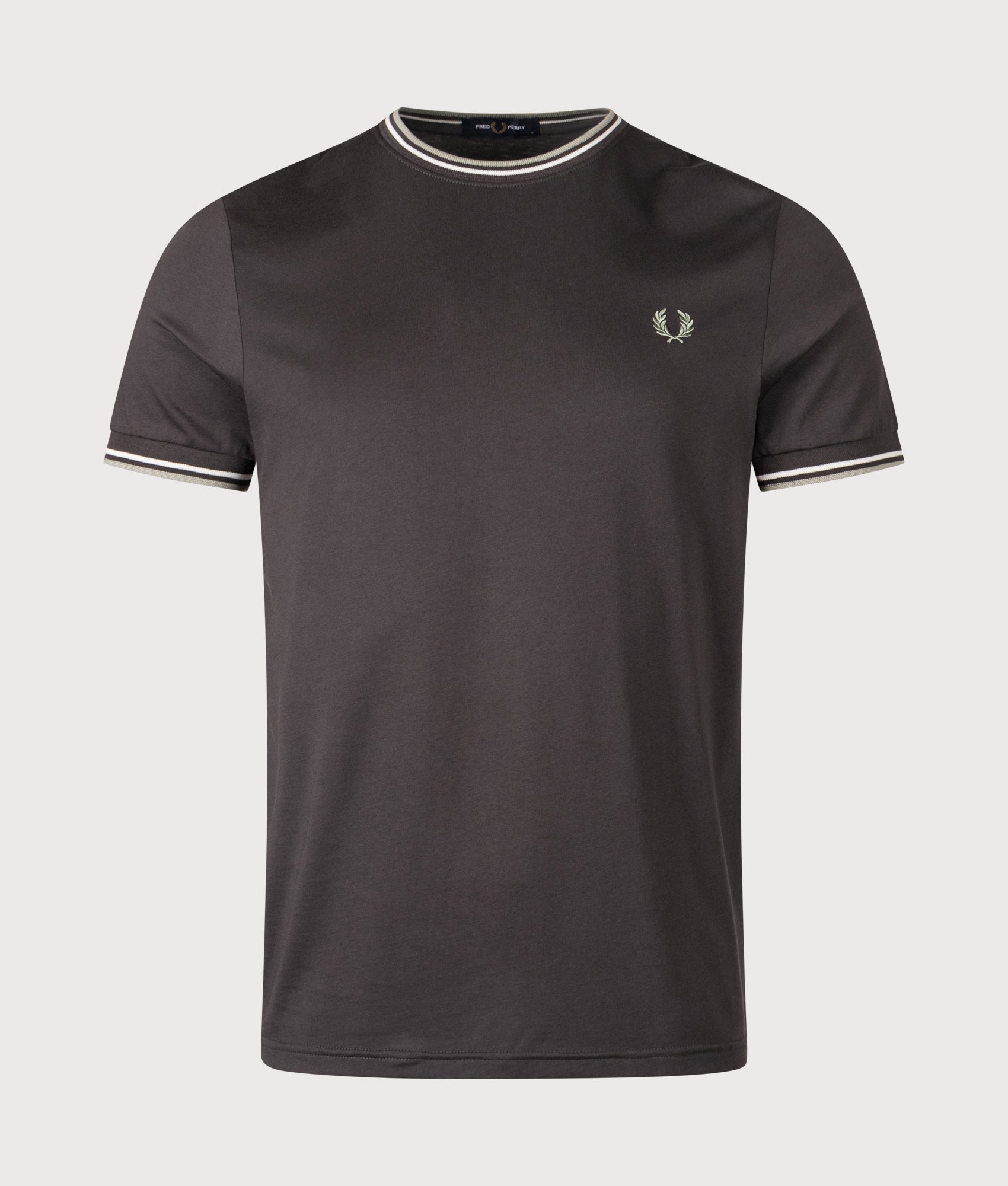 Fred Perry staple Twin Tipped T-Shirt in Anchor Grey, Ecru and Seagrass at EQVVS Menswear. Front shot.