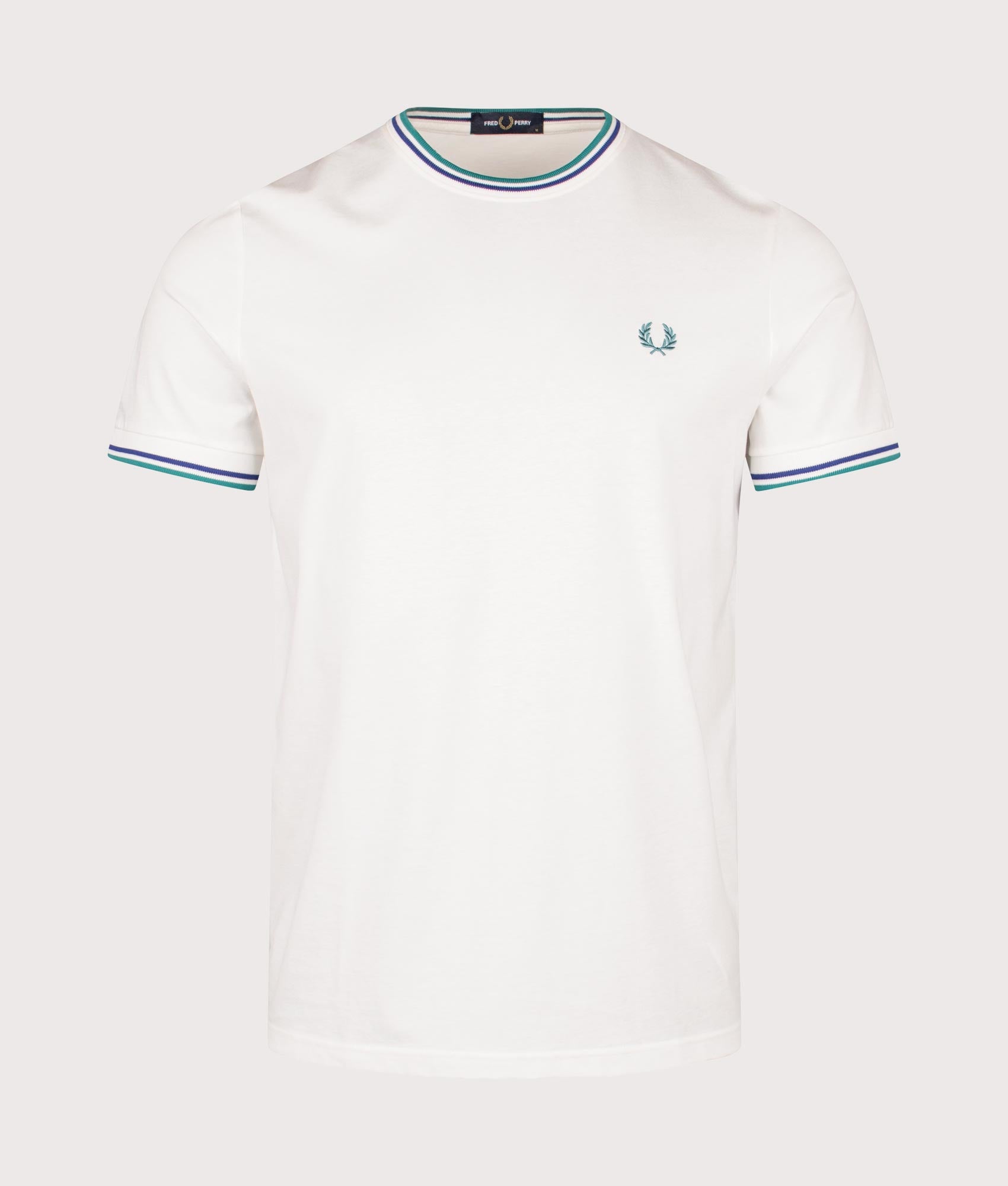 Fred Perry Twin Tipped T-Shirt in Snow White, Deep Mint and Soho Eclipse at EQVVS Menswear. Front shot.