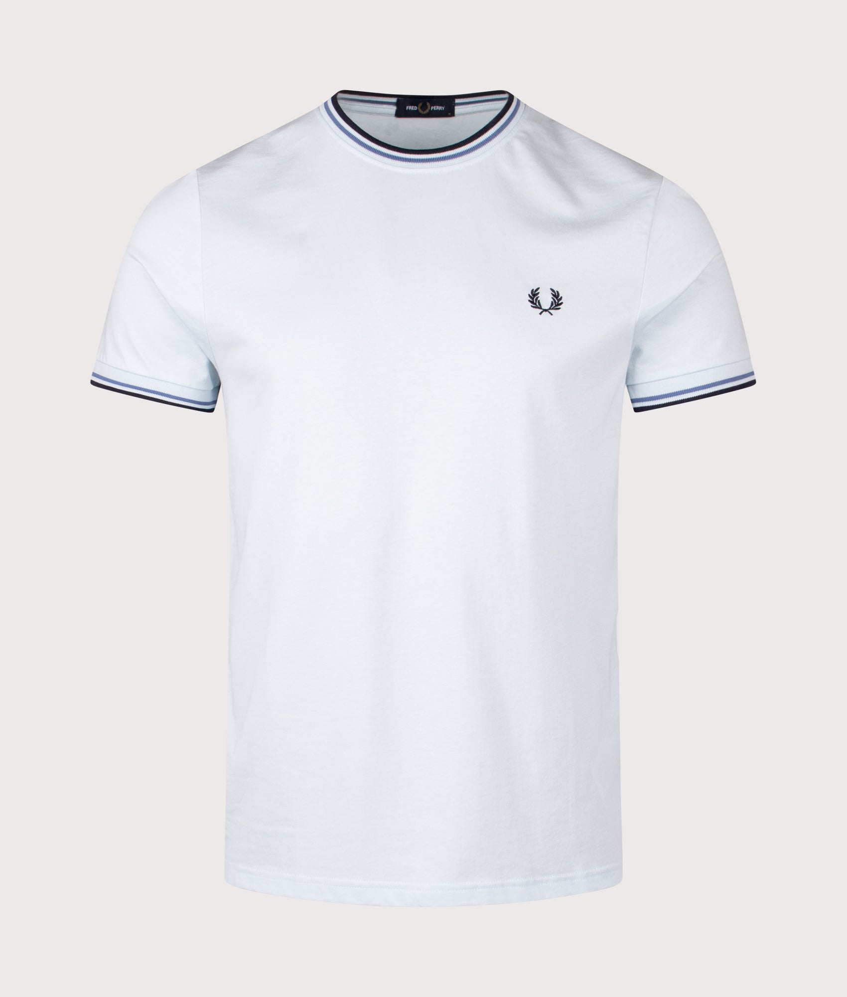 Fred Perry Twin Tipped T-shirt in Light Ice, Ace Blue and Navy at EQVVS Menswear. Front shot.