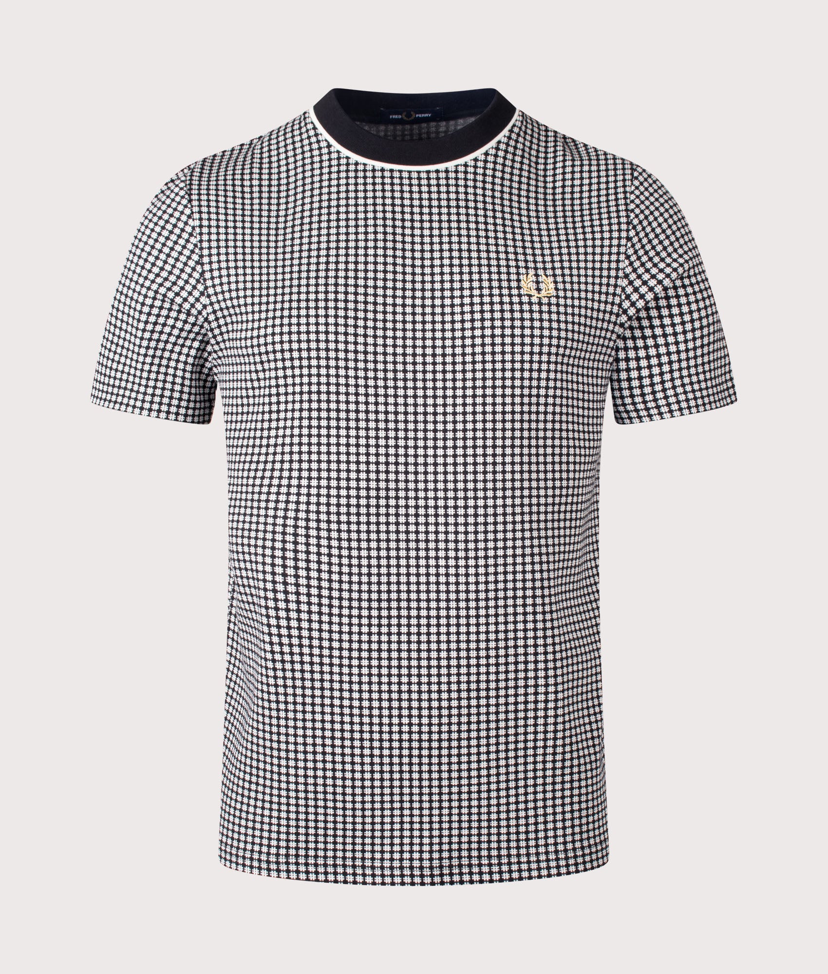 Fred Perry Chequerboard Jacquard T-Shirt in Black at EQVVS Menswear. Front shot.