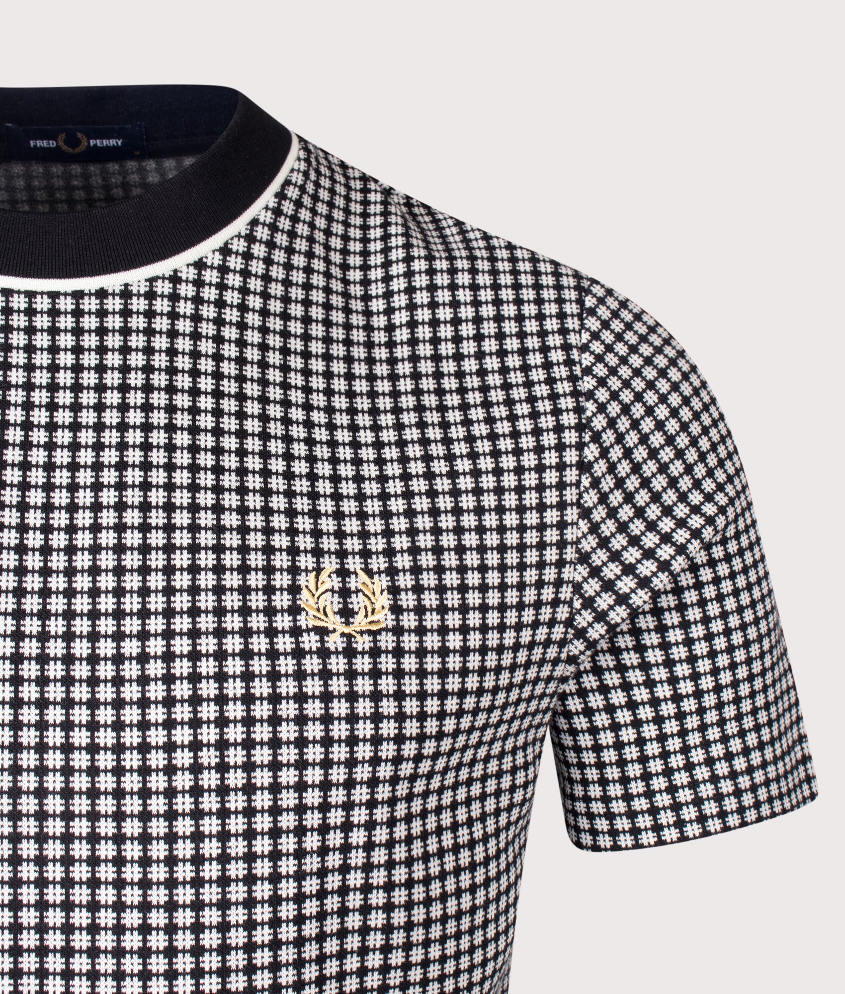 Fred Perry Chequerboard Jacquard T-Shirt in Black at EQVVS Menswear. Detail shot.