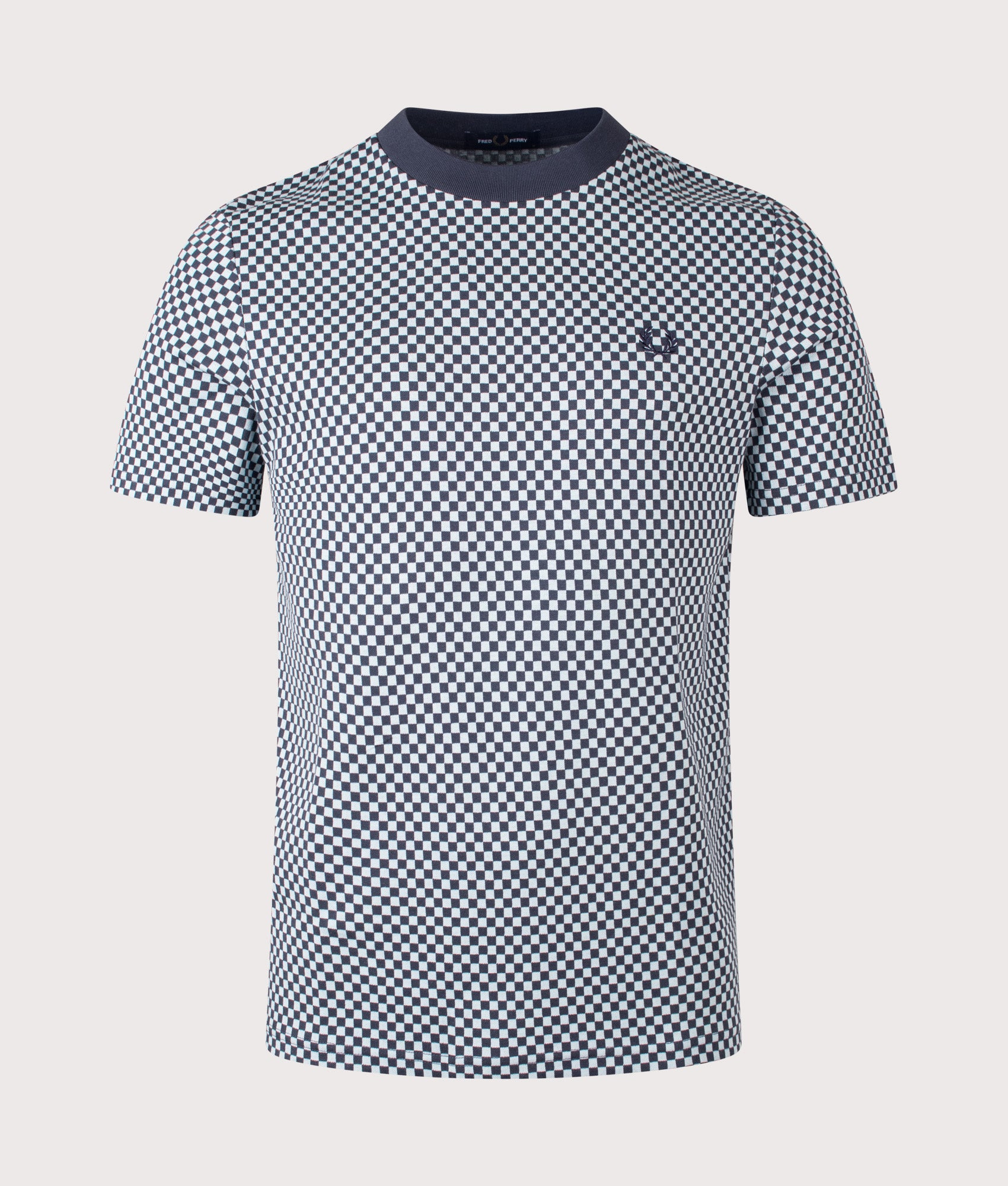 Fred Perry Chequerboard Jacquard T-Shirt in Dark Airforce at EQVVS Menswear. Front shot.
