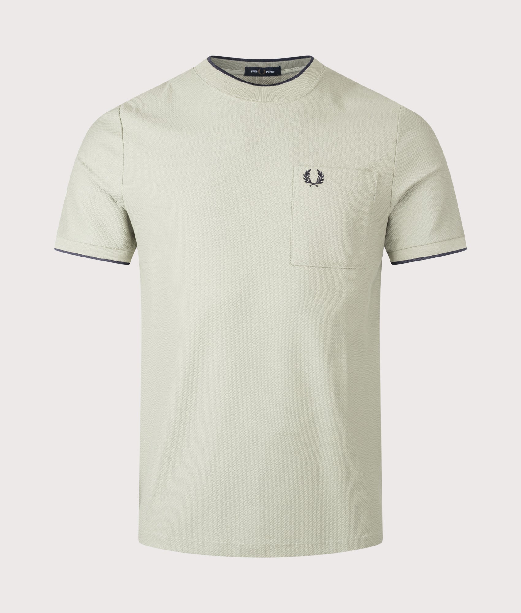 Fred Perry Pocket Detail Pique T-Shirt in Seagrass at EQVVS Menswear. Front shot.