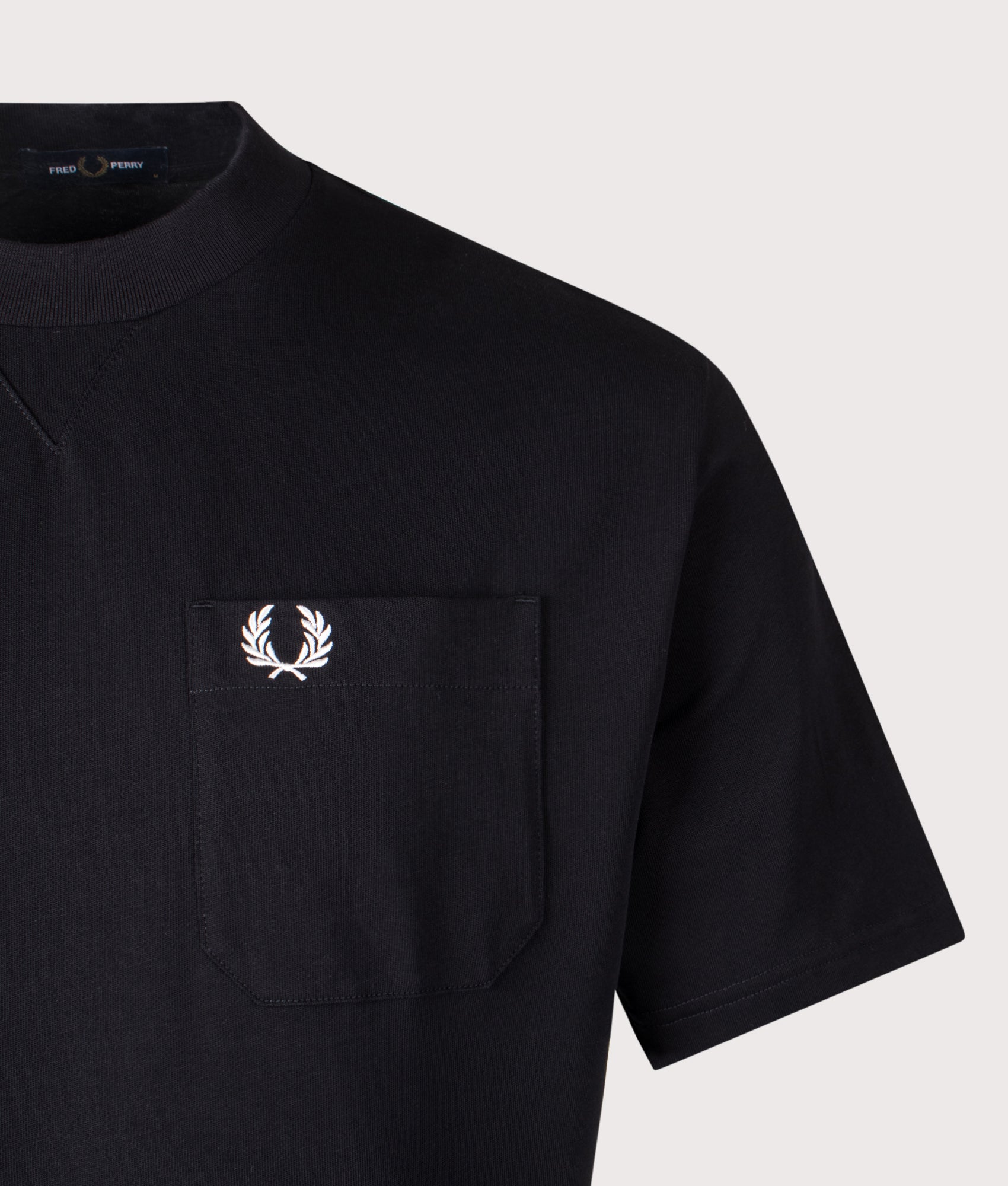 Fred Perry Pocket Detail T-Shirt in Black at EQVVS Menswear. Detail shot.