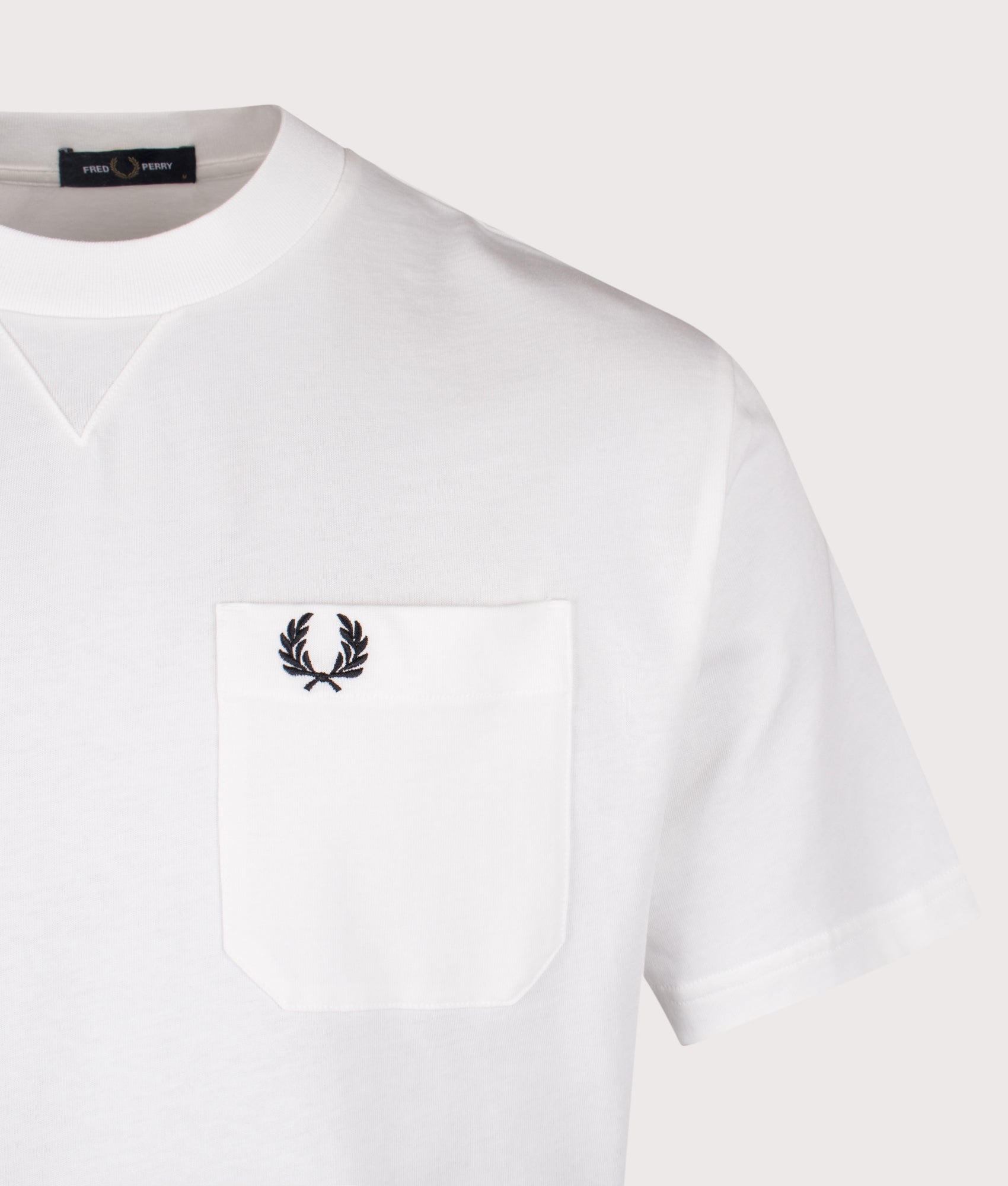 Fred Perry Pocket Detail T-Shirt in White at EQVVS Menswear. Detail shot.