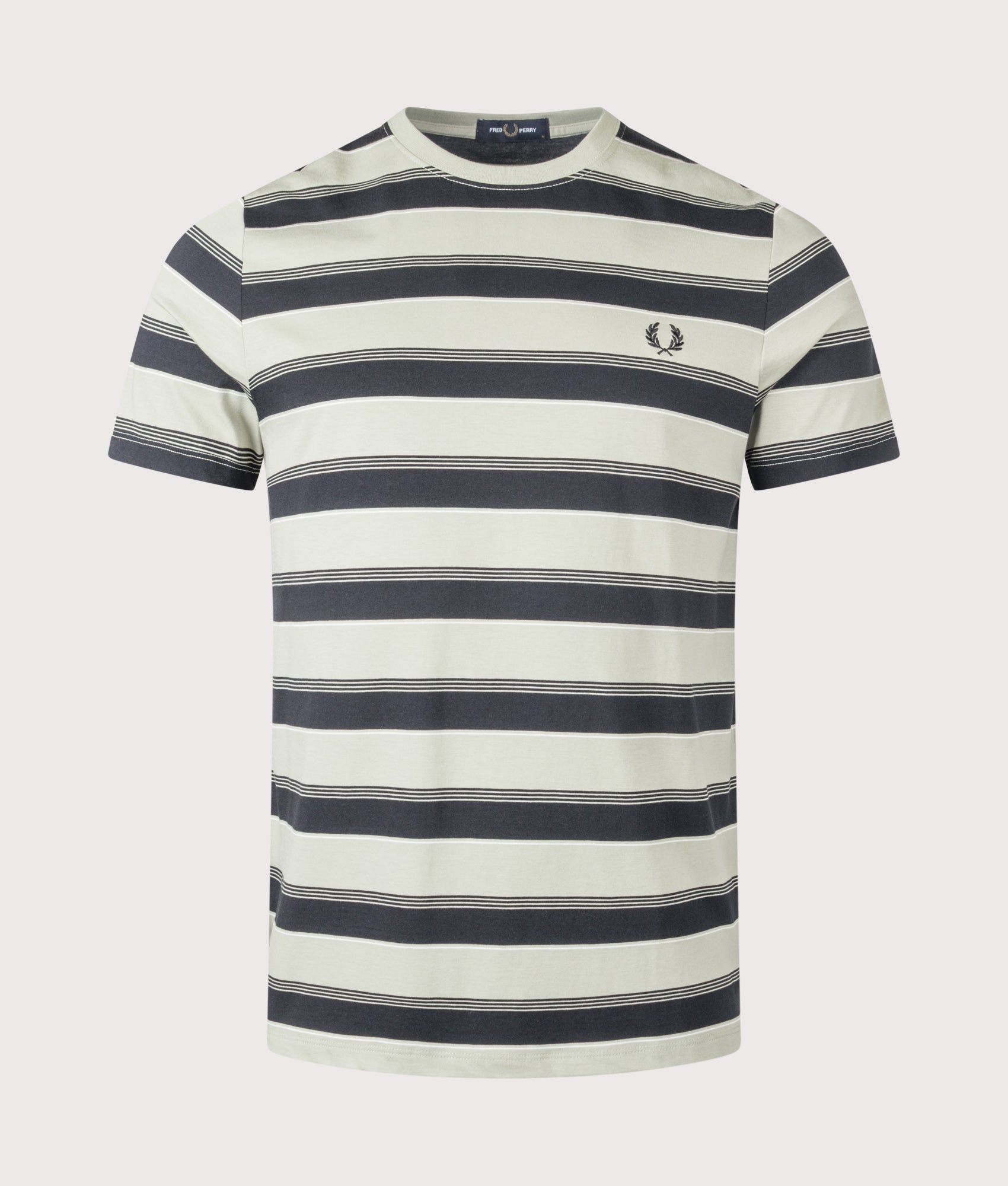 Fred Perry Fine Stripe T-Shirt in Seagrass at EQVVS Menswear. Front shot.