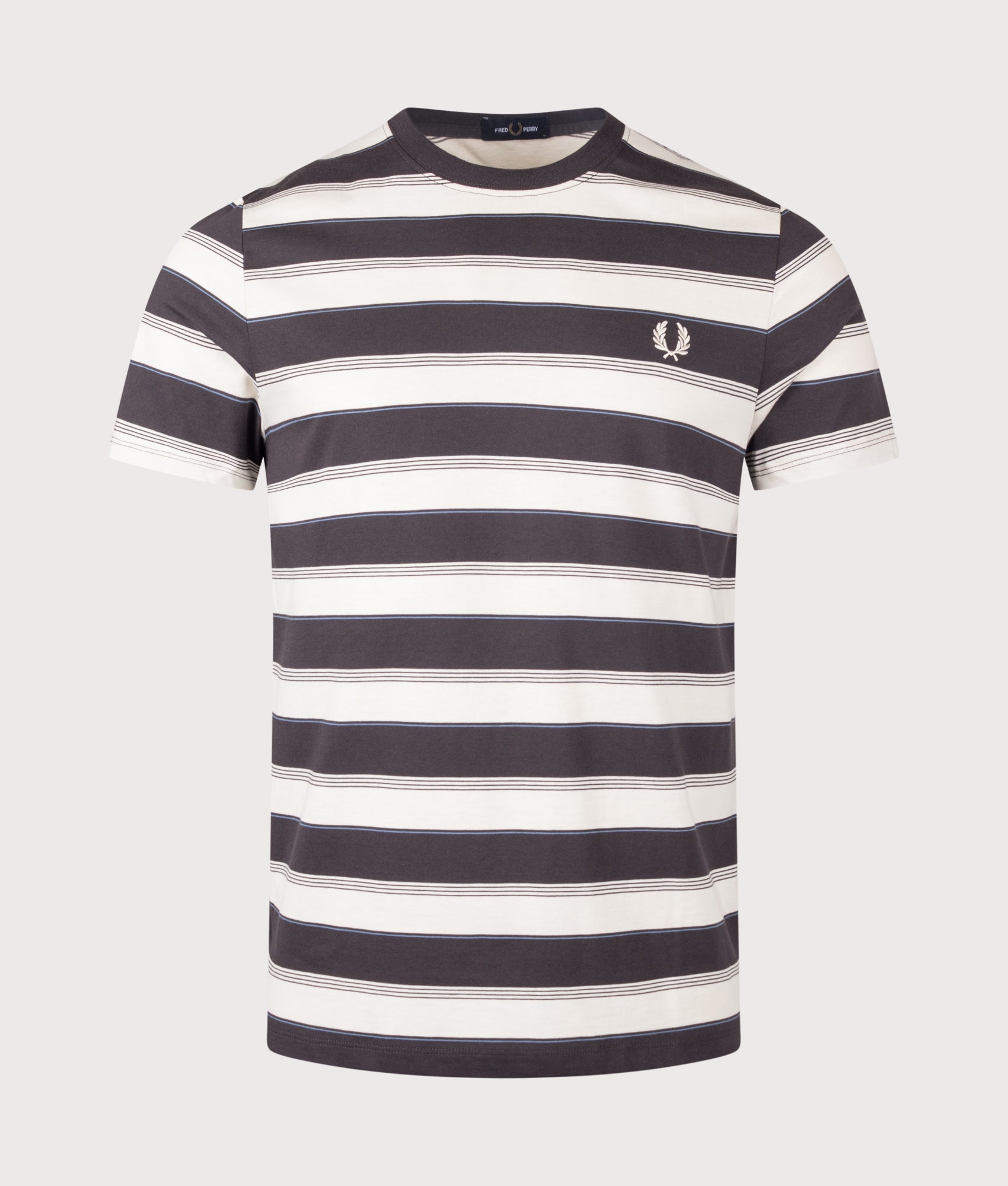 Fred Perry Fine Stripe T-Shirt in Anchor Grey at EQVVS Menswear. Front shot.
