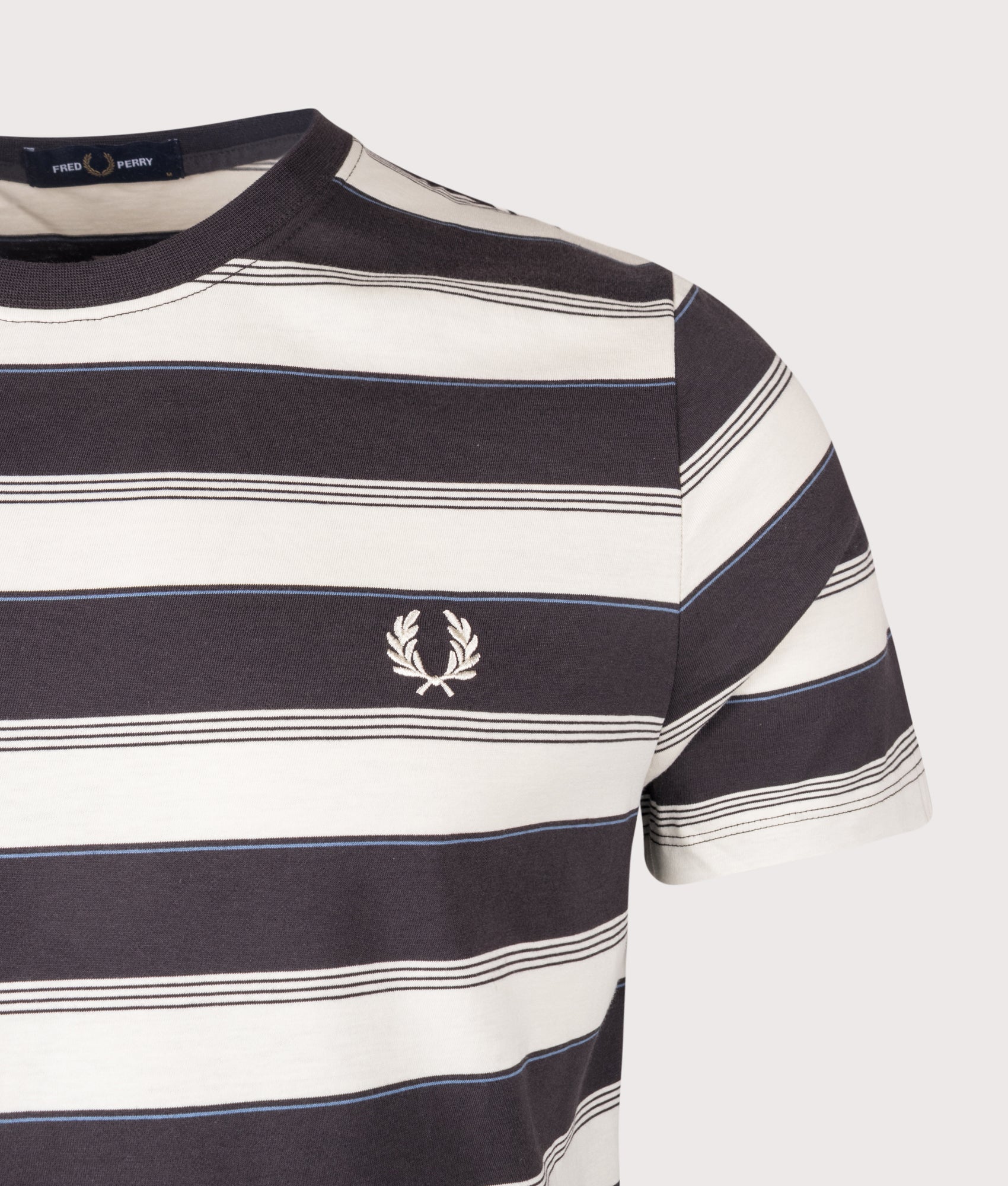 Fred Perry Fine Stripe T-Shirt in Anchor Grey at EQVVS Menswear. Detail shot.