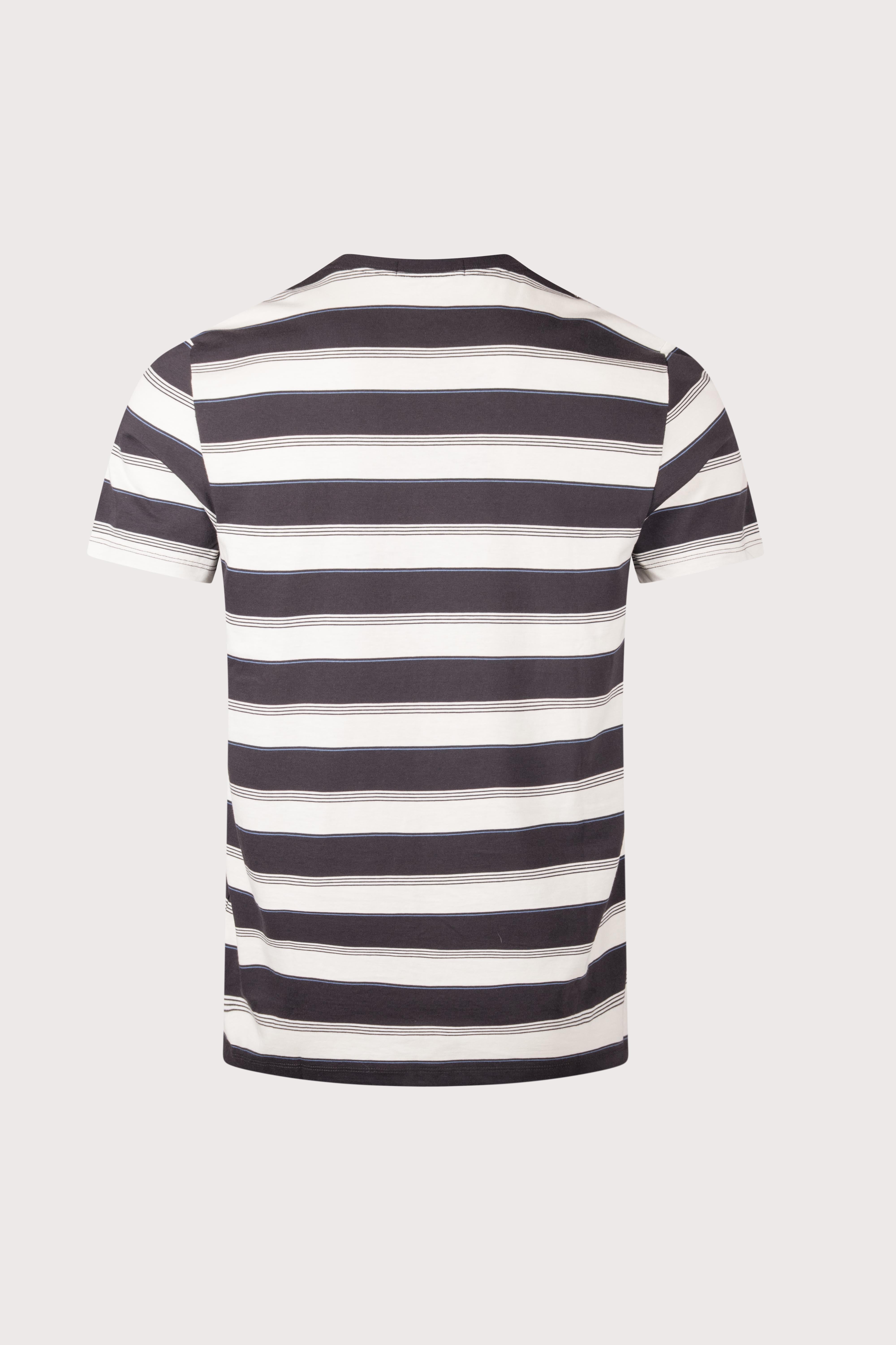 Fred Perry Fine Stripe T-Shirt in Anchor Grey at EQVVS Menswear. Back shot.