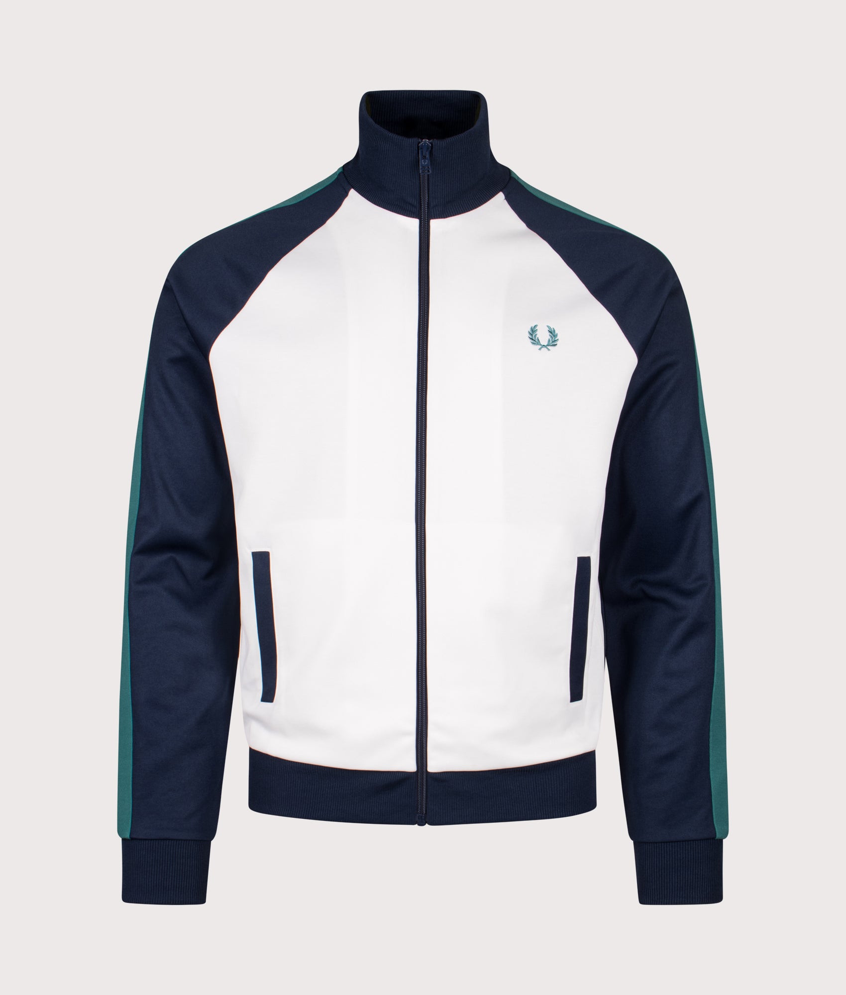 Fred Perry Contrast Sleeve Track Jacket in Snow White at EQVVS Menswear. Front shot.