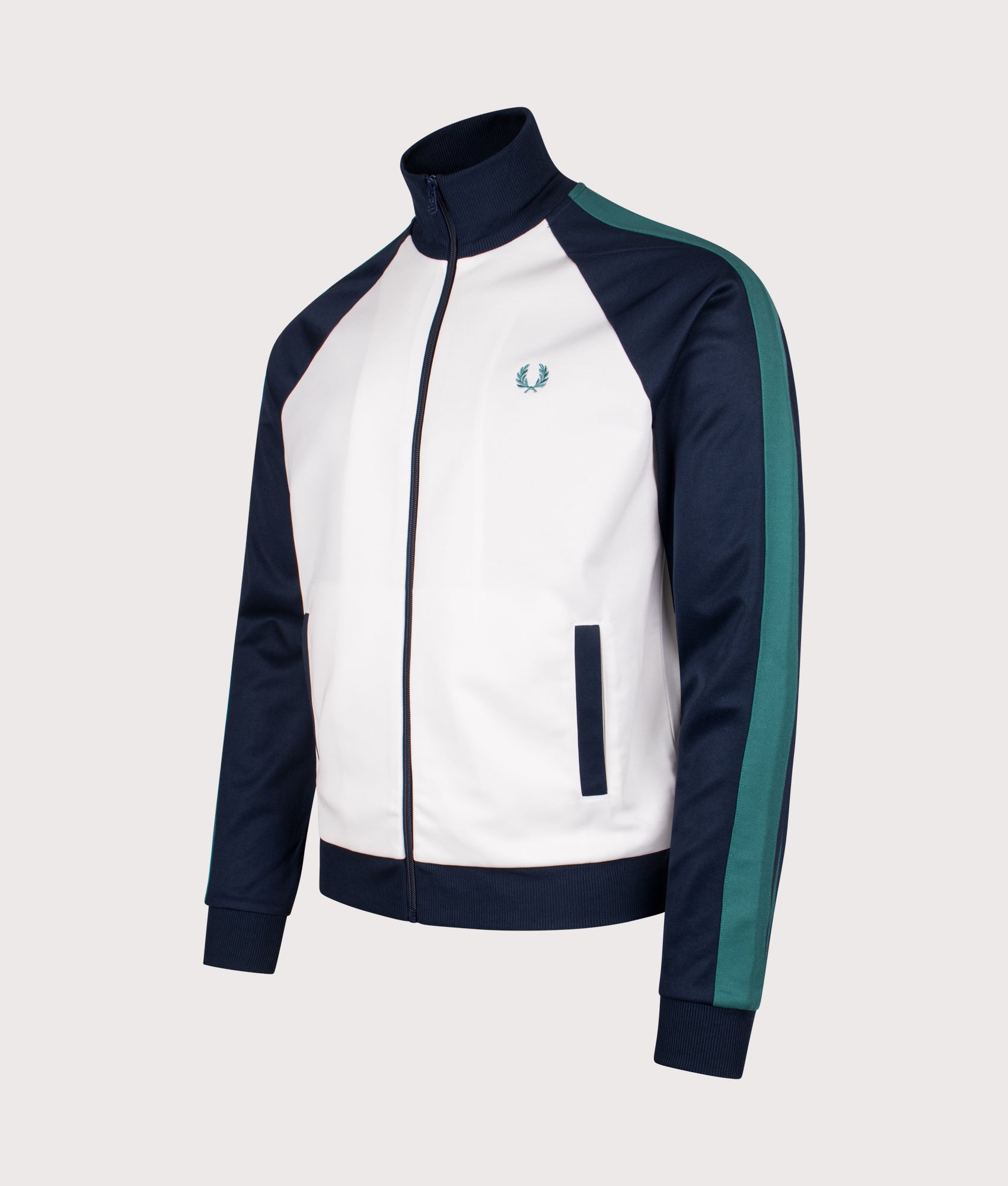 Fred Perry Contrast Sleeve Track Jacket in Snow White at EQVVS Menswear. Angled front shot.