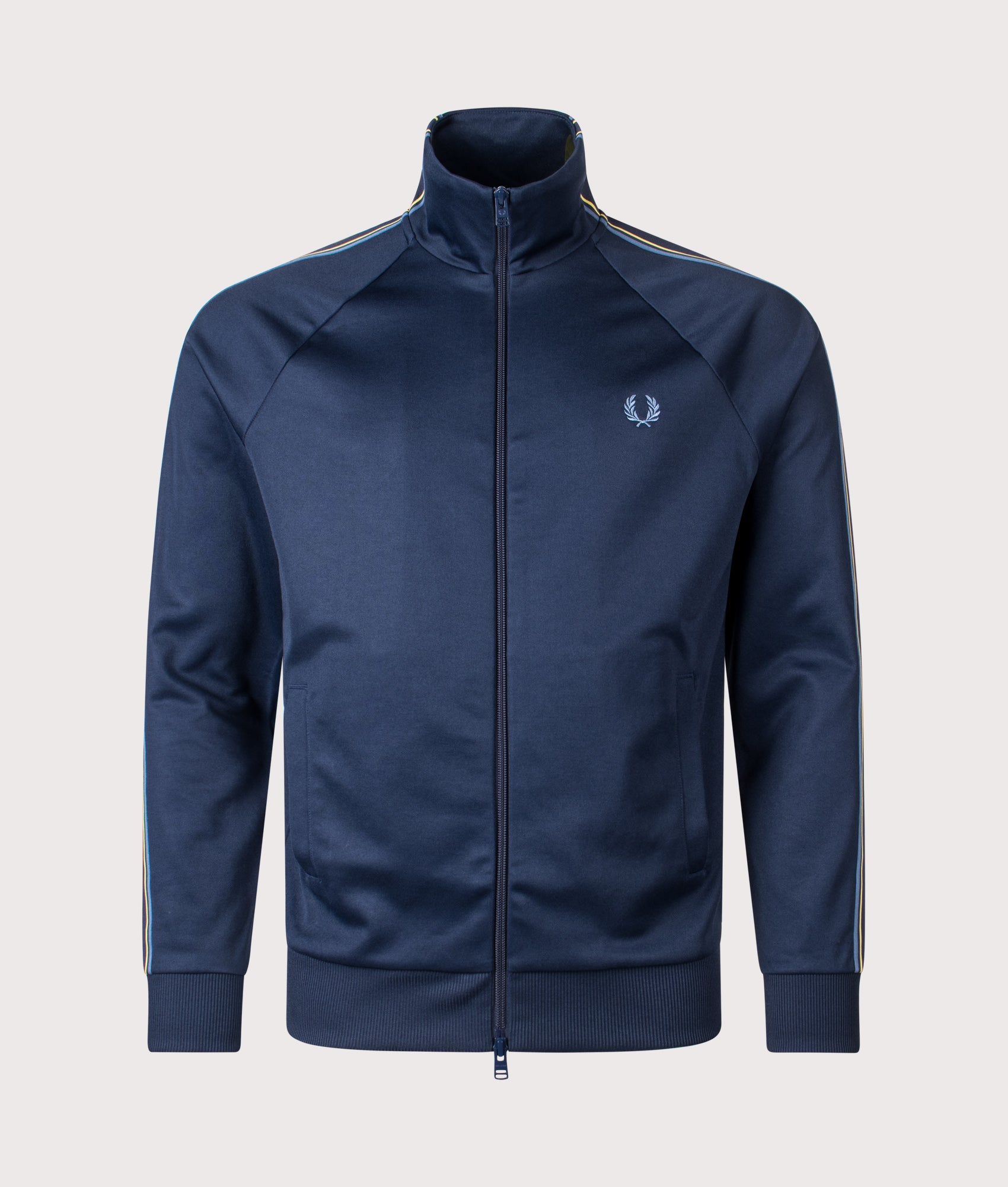 Fred Perry Tramline Tape Track Jacket in Tennis Blue at EQVVS Menswear. Front shot.