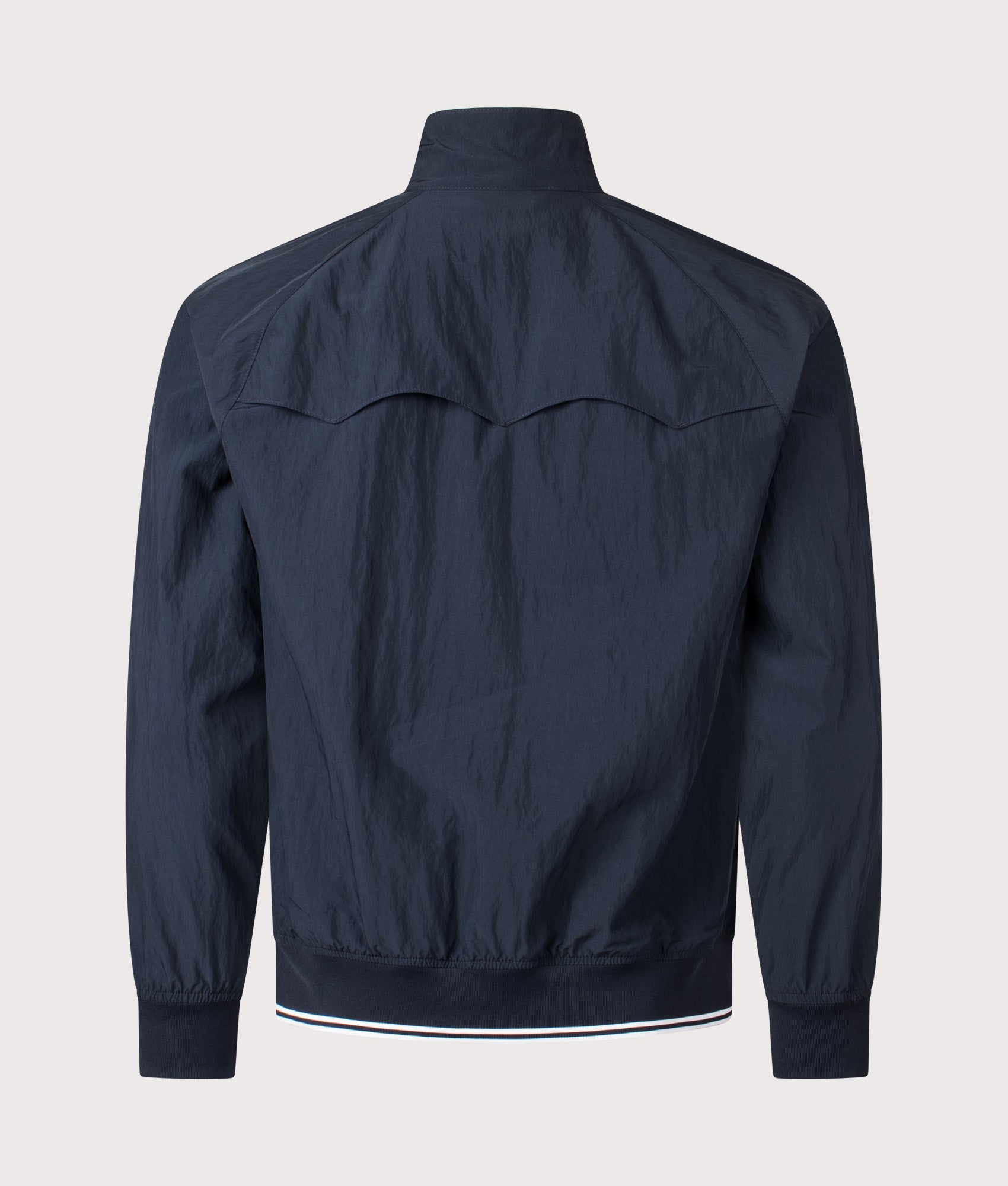 Fred Perry Crinkle Harrington Jacket in Navy at EQVVS Menswear. Back shot.