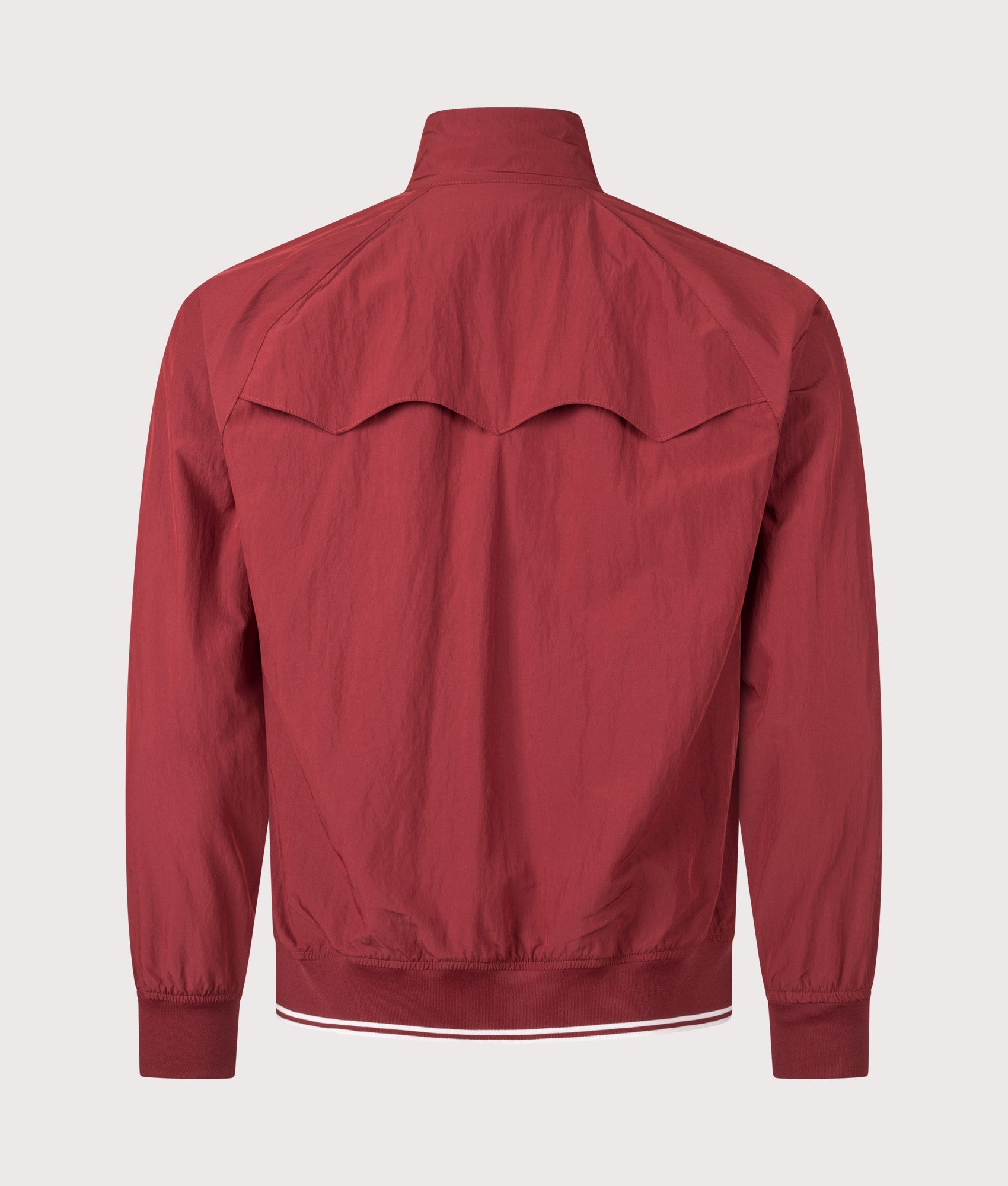 Fred Perry Crinkle Harrington Jacket in Burnt Red at EQVVS Menswear. Back shot.