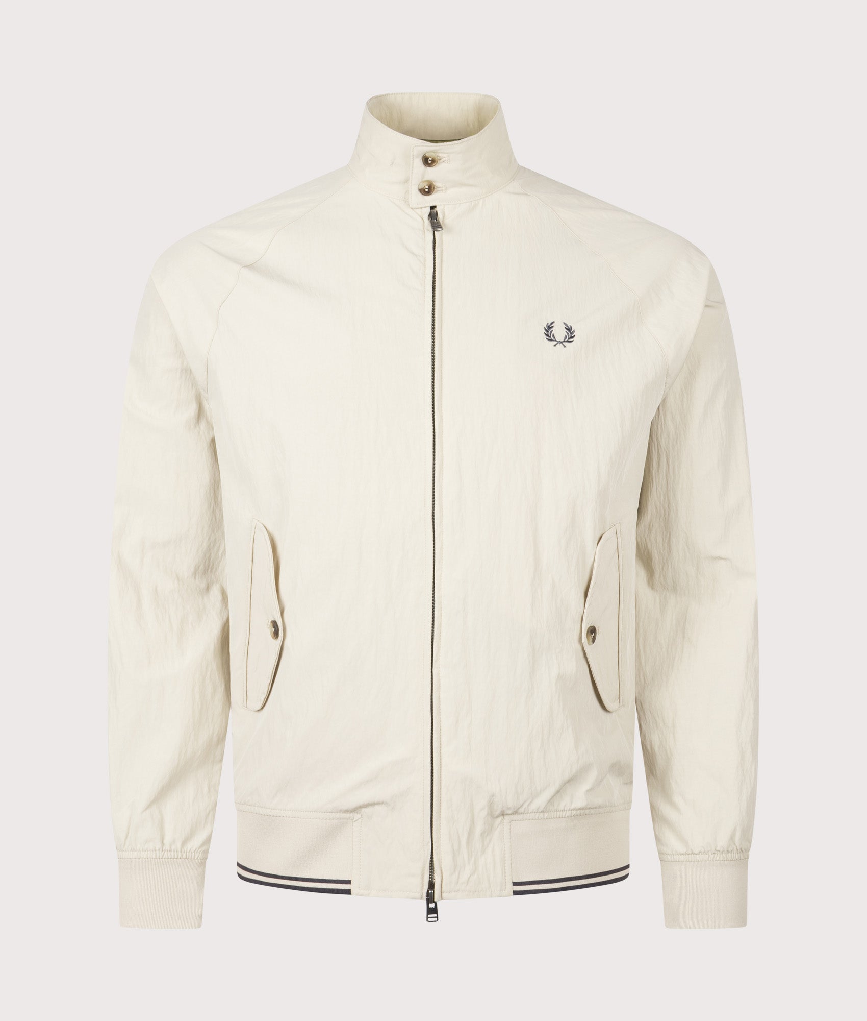 Fred Perry Crinkle Harrington Jacket in  Oatmeal at EQVVS Menswear. Front shot.