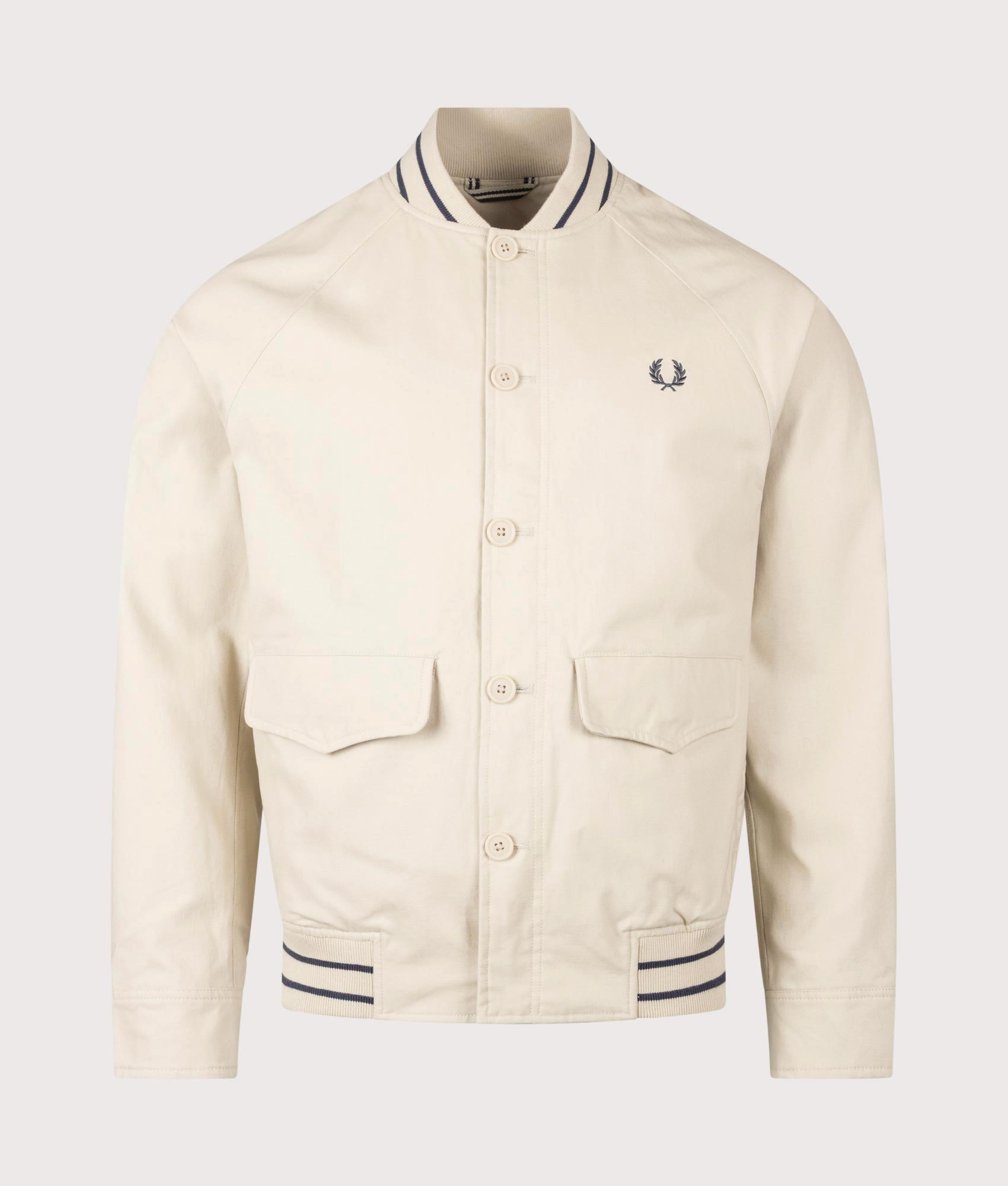 Fred Perry Umpire Bomber Jacket in Oatmeal at EQVVS Menswear. Front shot.