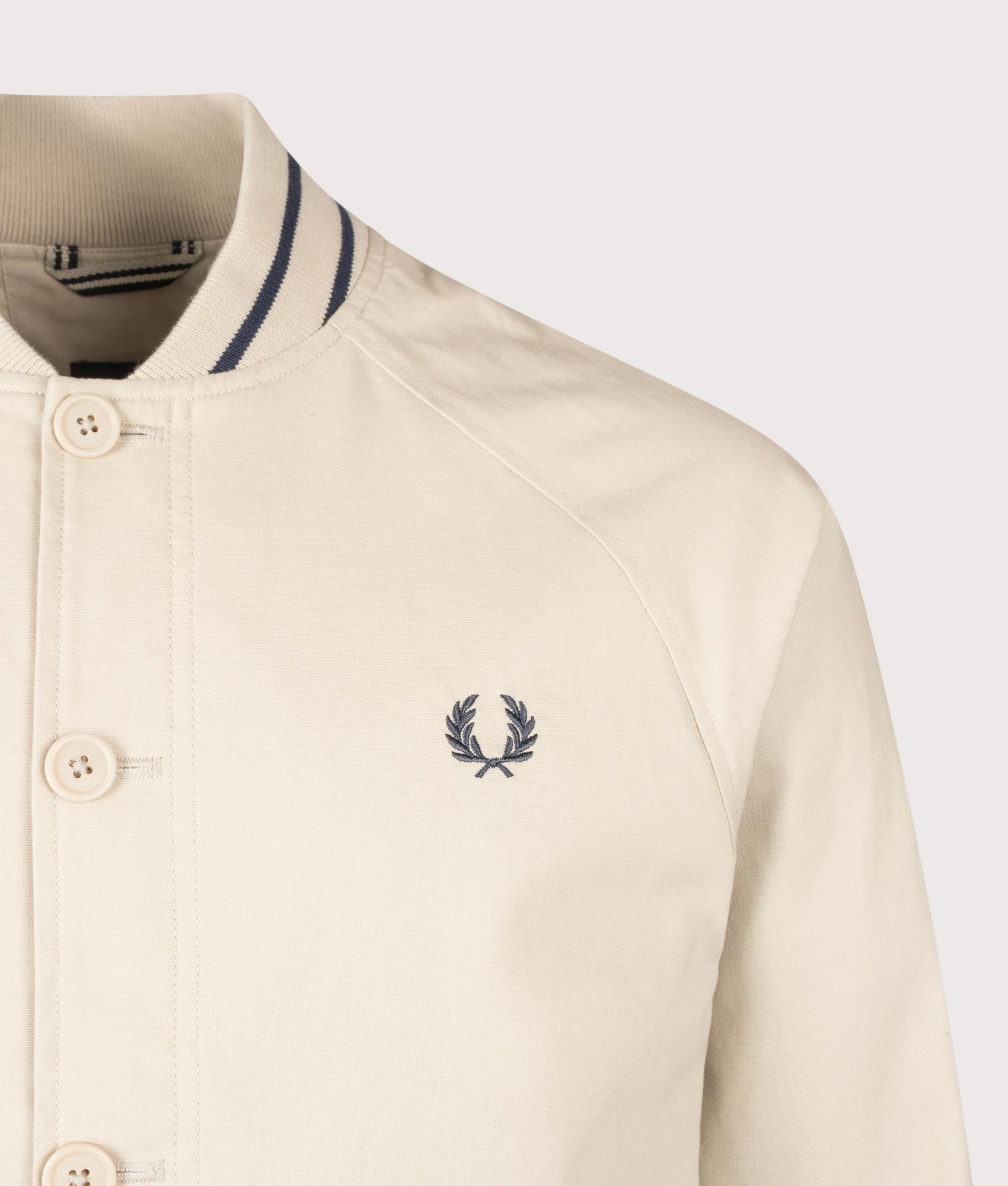 Fred Perry Umpire Bomber Jacket in Oatmeal at EQVVS Menswear. Detail shot.