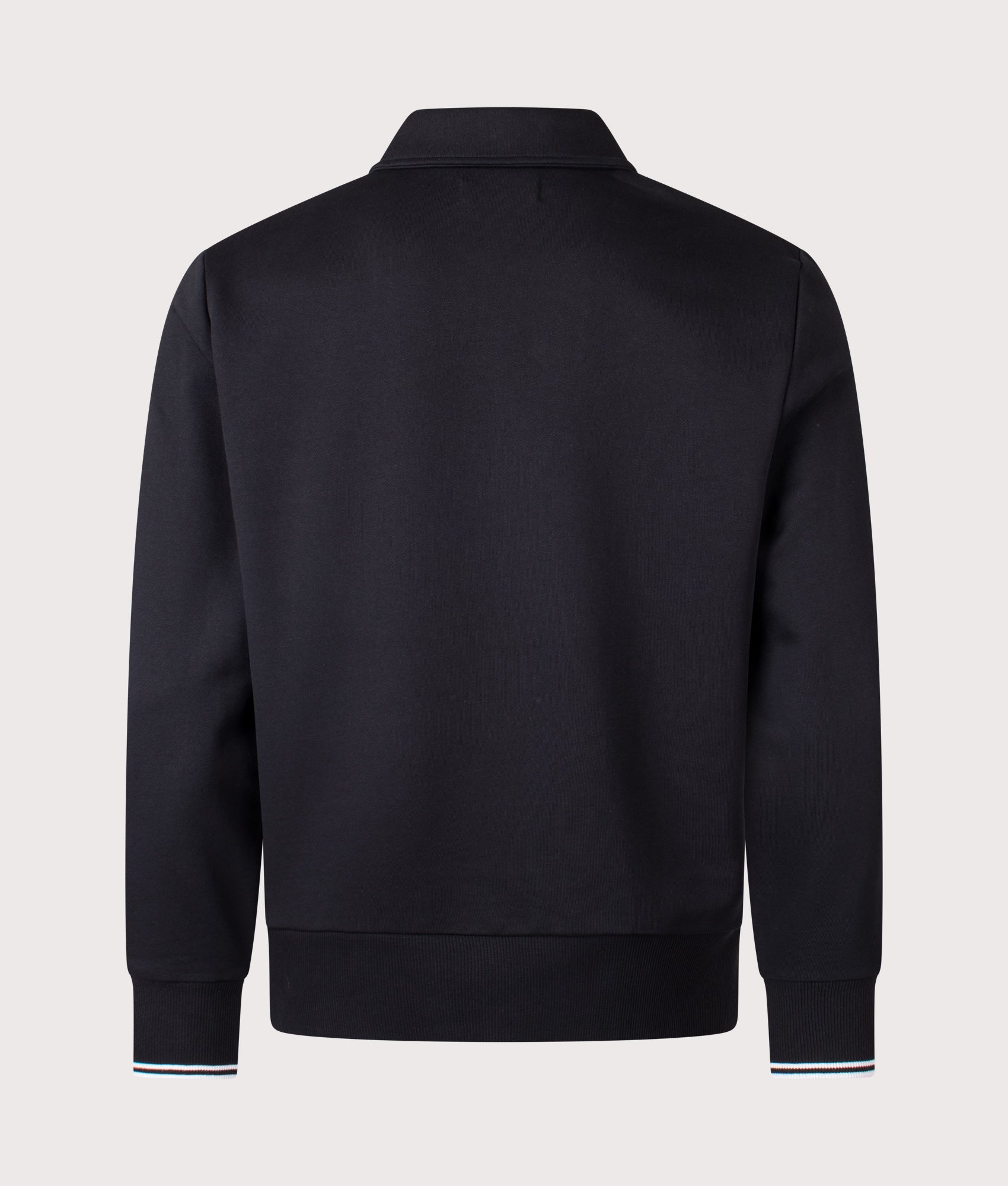 Fred Perry Quarter Zip Collared Sweatshirt in Black at EQVVS Menswear. Back shot.
