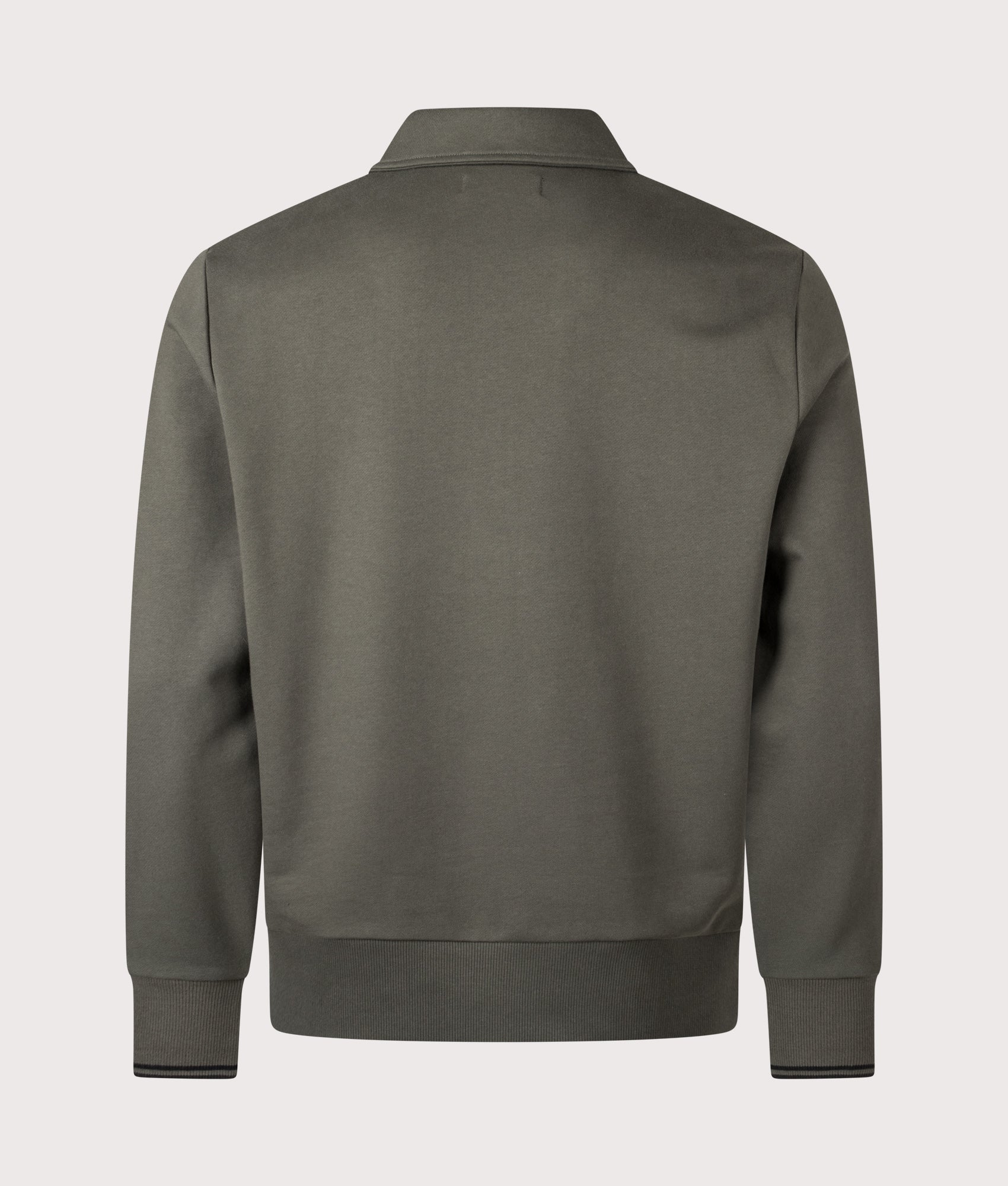 Fred Perry Quarter Zip Collared Sweatshirt in Field Green at EQVVS Menswear. Back shot.
