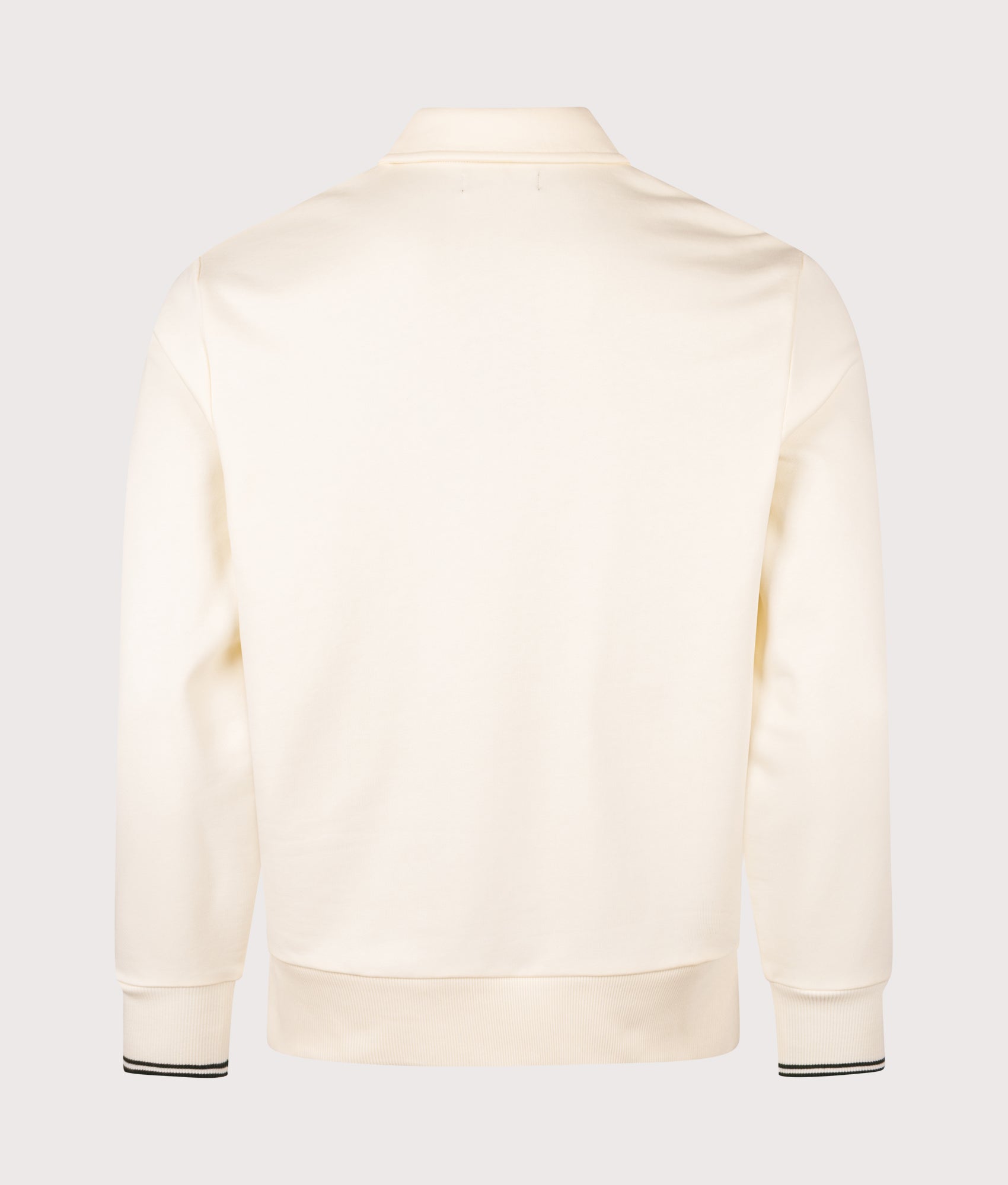 Fred Perry Quarter Zip Collared Sweatshirt in Ecru at EQVVS Menswear. Back shot.