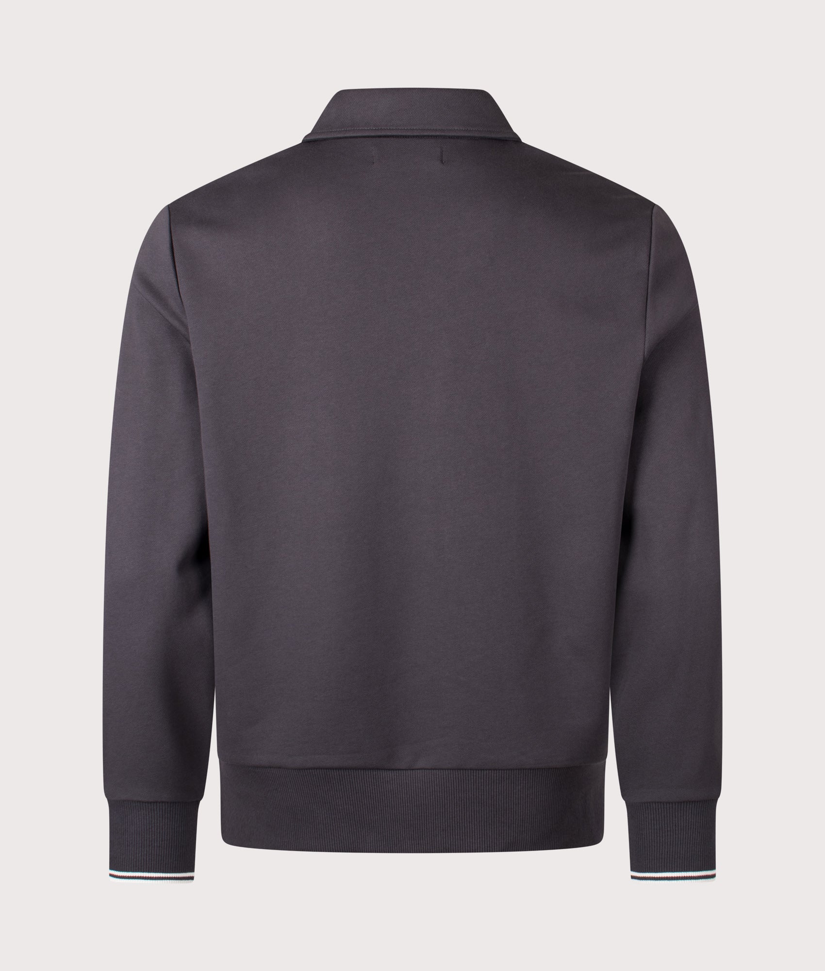 Fred Perry Quarter Zip Collared Sweatshirt in Anchor Grey at EQVVS Menswear. Back shot.