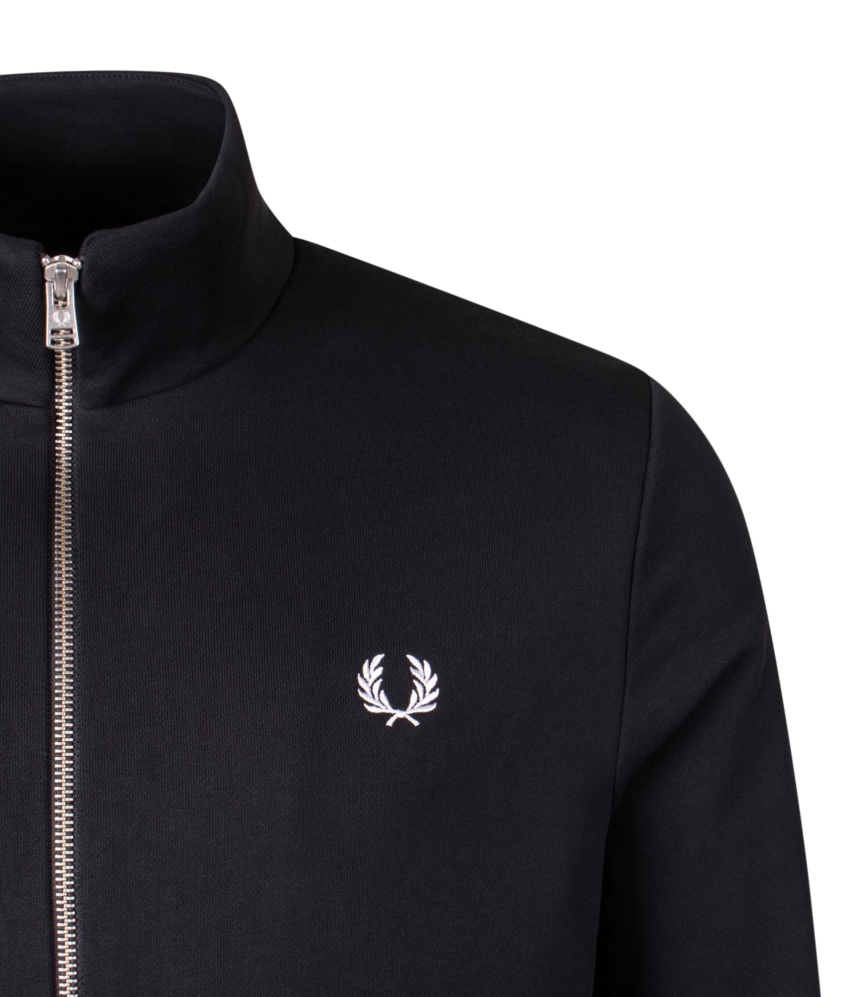 Fred Perry Zip Through Sweatshirt in Black at EQVVS Menswear. Detail shot.