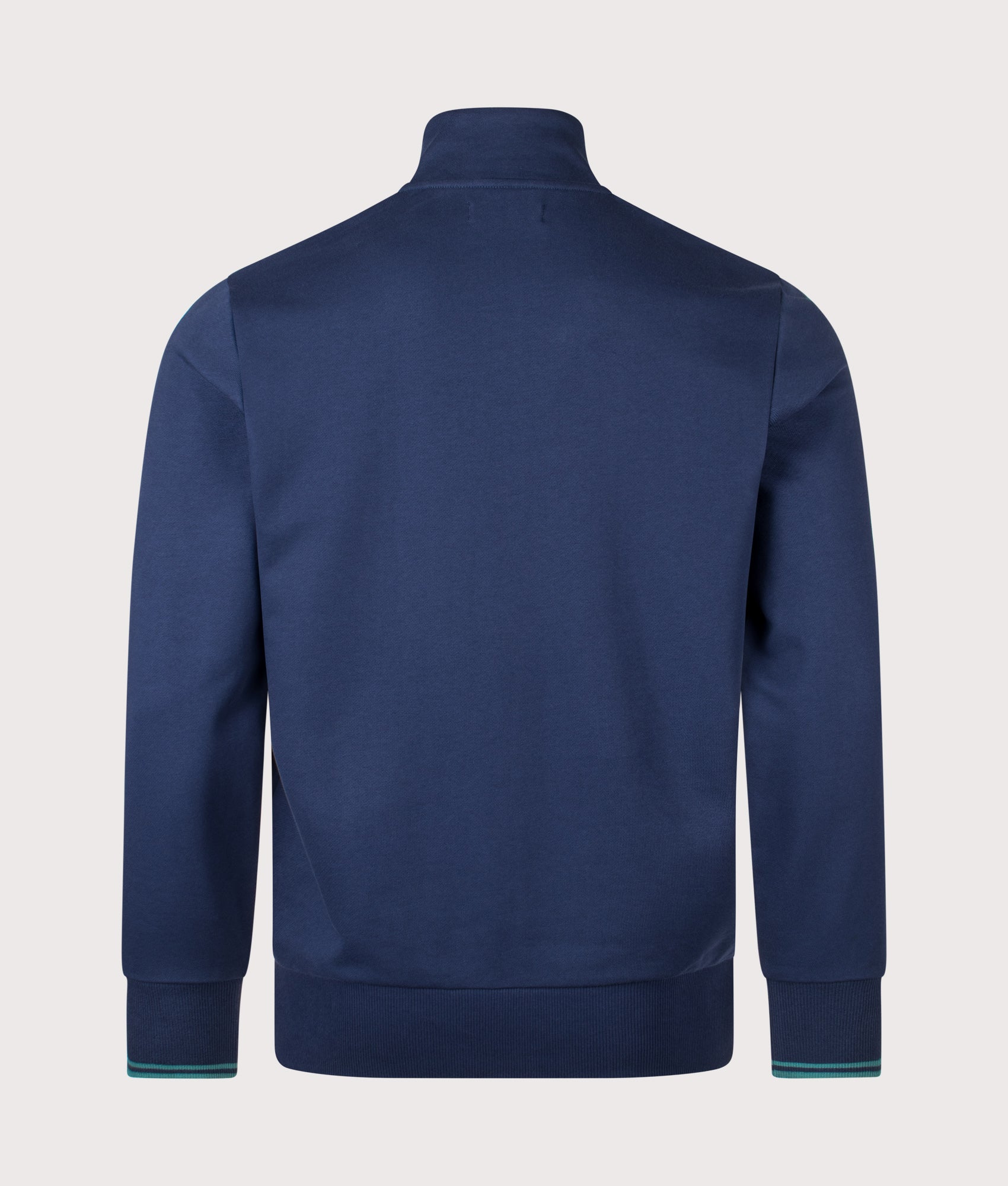 Fred Perry Zip Through Sweatshirt in Tennis Blue at EQVVS Menswear. Back shot.