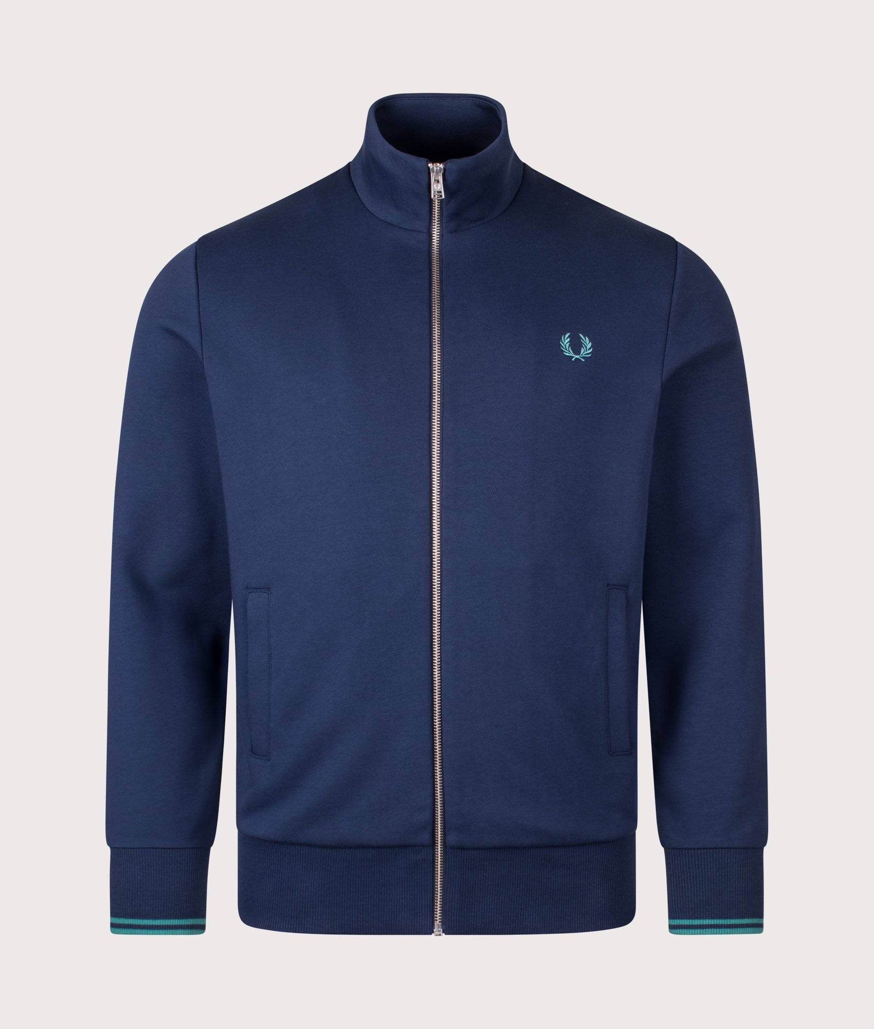 Fred Perry Zip Through Sweatshirt in Tennis Blue at EQVVS Menswear. Front shot.