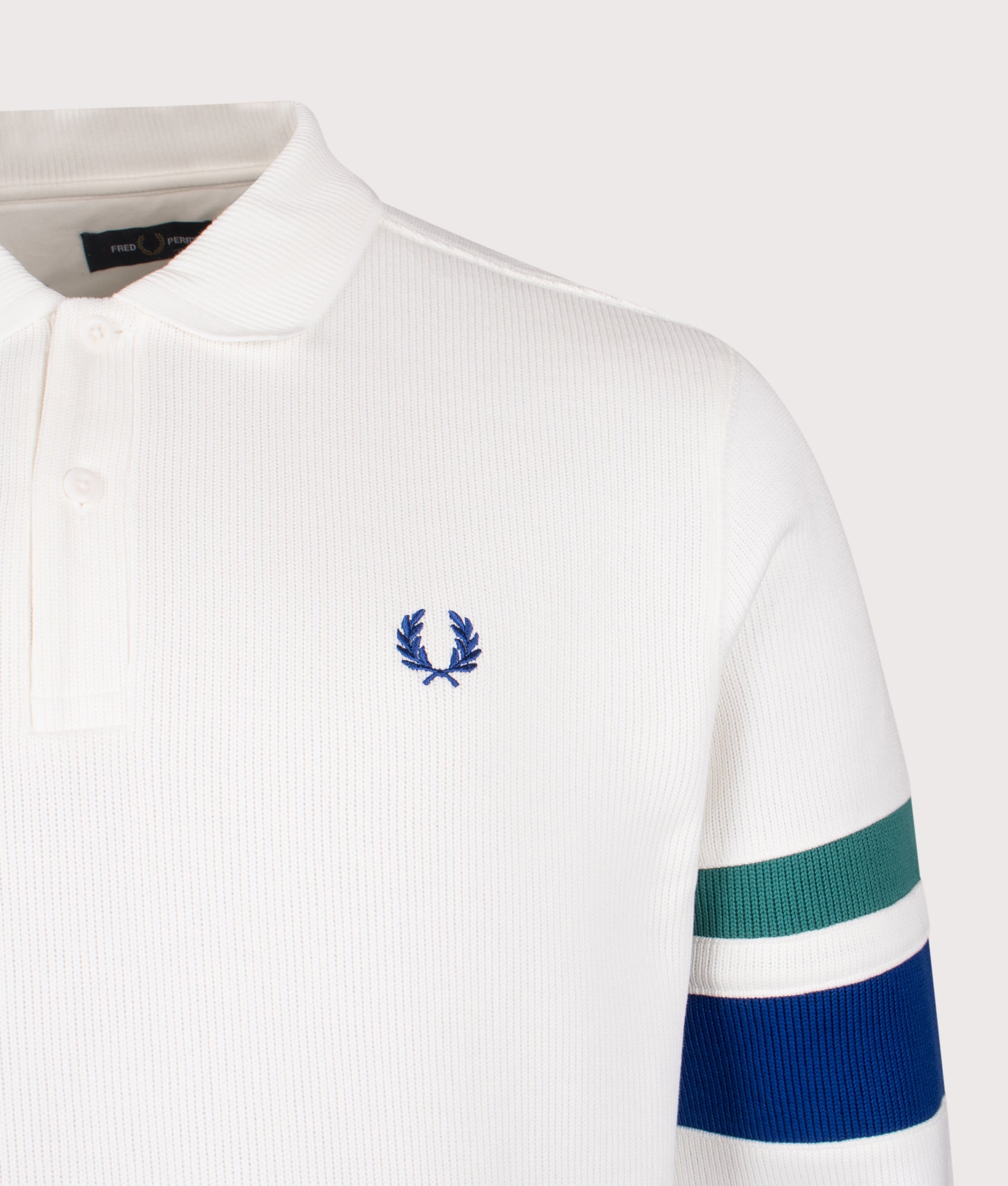 Fred Perry Tipped Sleeve Collared Sweatshirt in Snow White at EQVVS Menswear. Detail shot.