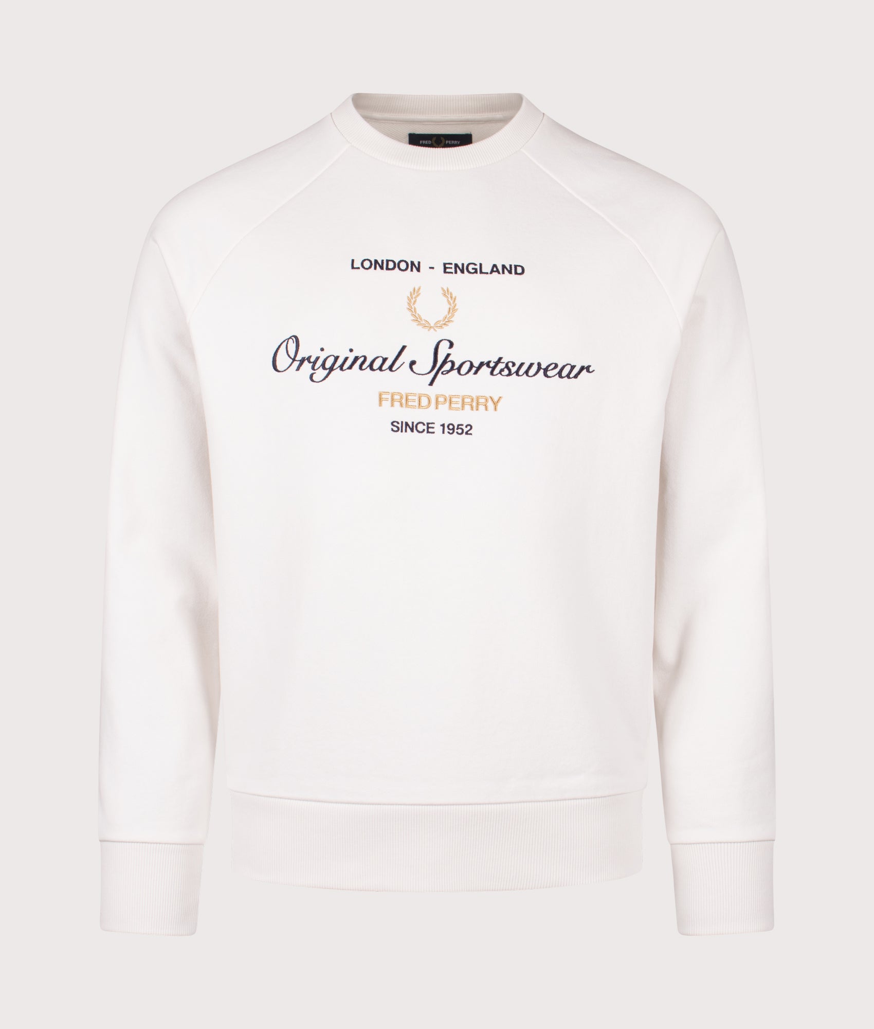 Fred Perry Original Sportswear Sweatshirt in Snow White at EQVVS Menswear. Front shot.