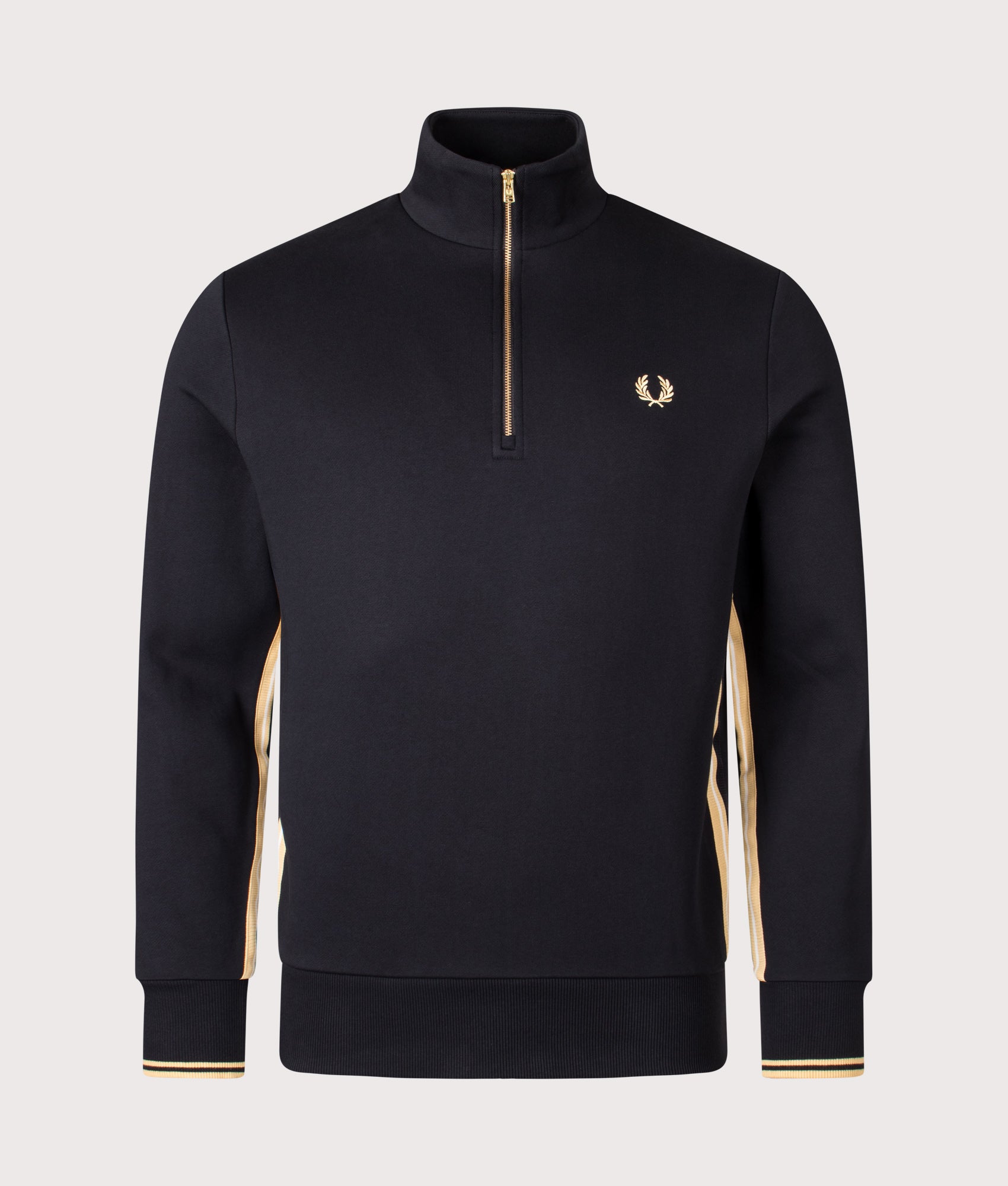Fred Perry Stripe Tape Quarter Zip Sweatshirt in Black and Champagne at EQVVS Menswear. Front shot.
