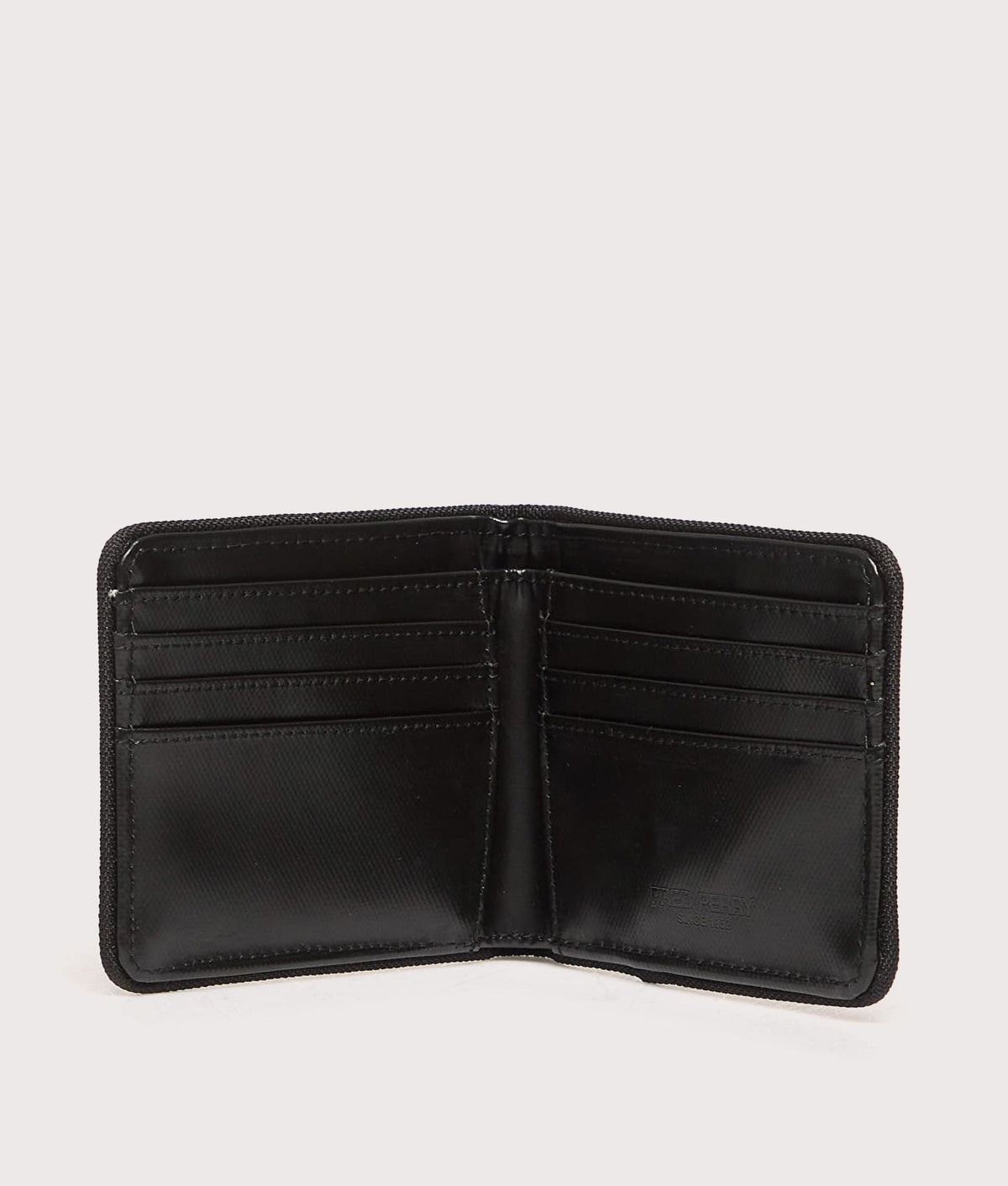 Fred Perry Tonal Coated Polyester Billfold Wallet in Black and Gold at EQVVS Menswear. Open shot.