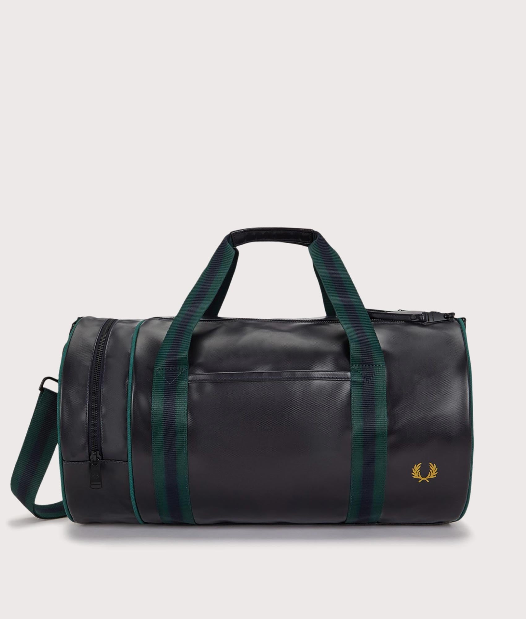 Fred Perry Classic Barrel Bag in Navy and Grassroots at EQVVS Menswear.  Front shot.