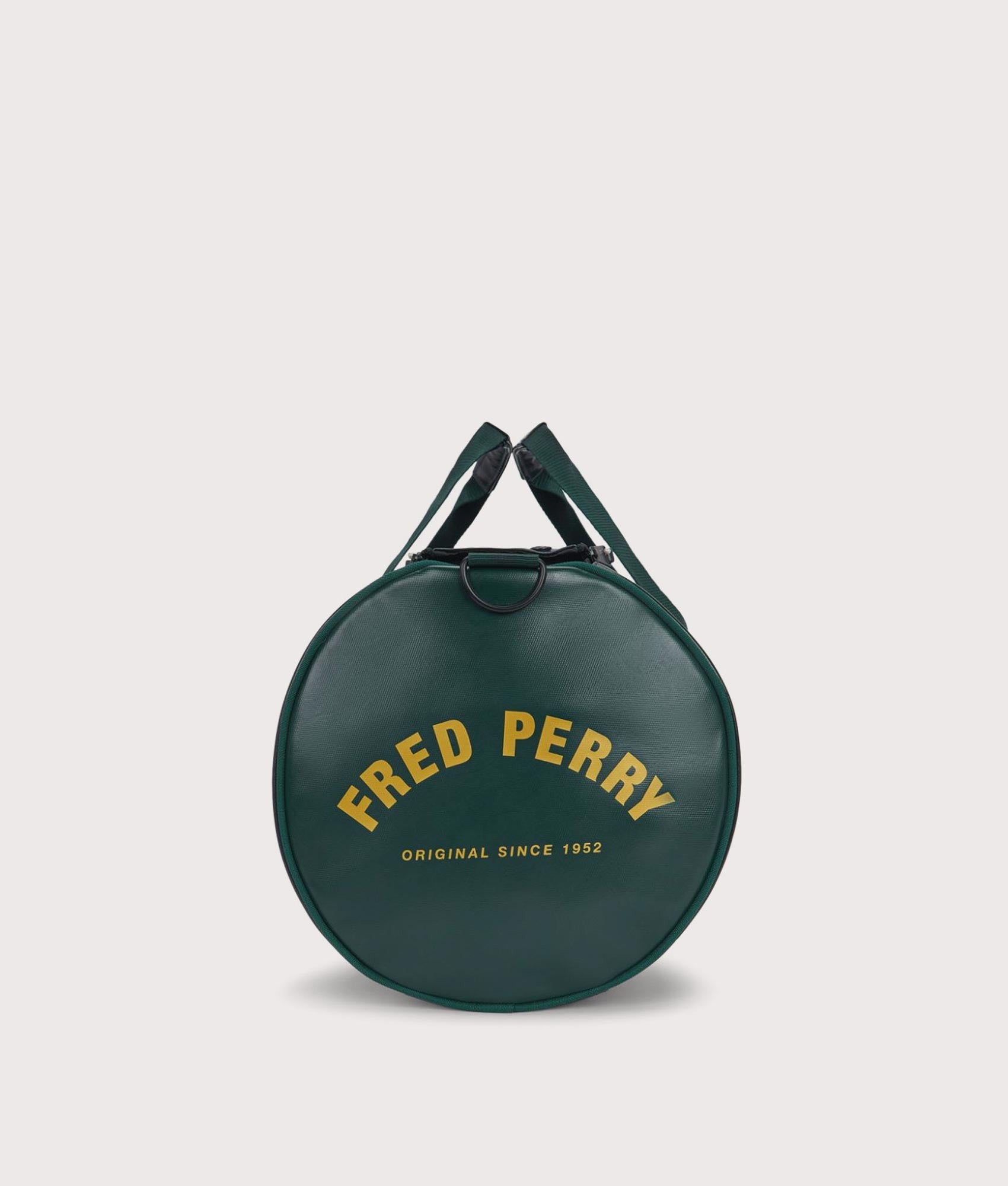 Fred Perry Classic Barrel Bag in Navy and Grassroots at EQVVS Menswear. Detail shot.