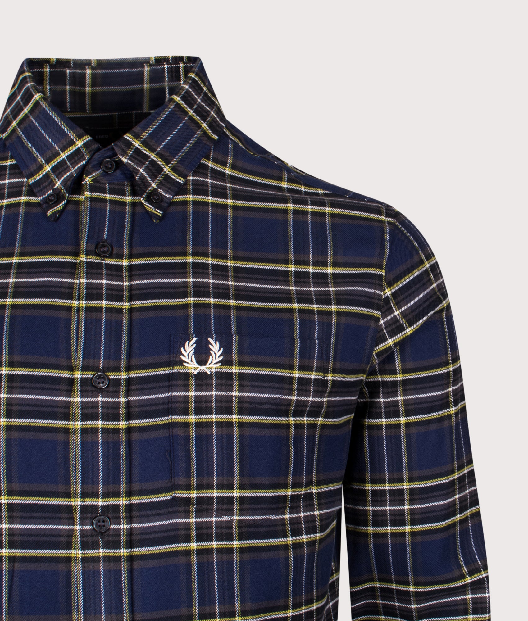 Fred Perry with the Brushed Twill Tartan Shirt in French Navy at EQVVS Menswear. Detail shot.