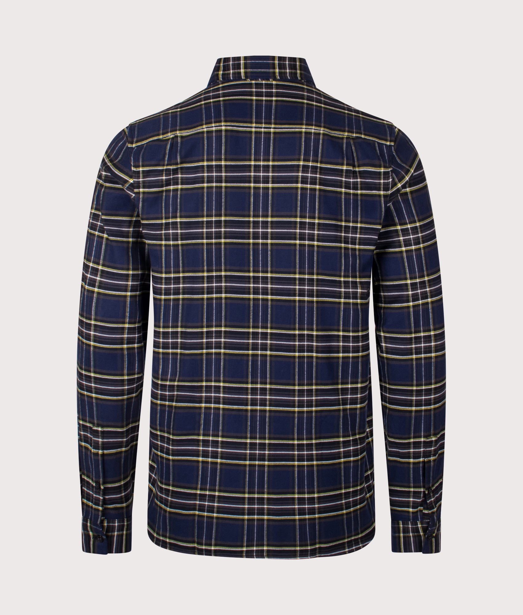 Fred Perry with the Brushed Twill Tartan Shirt in French Navy at EQVVS Menswear. Back shot.