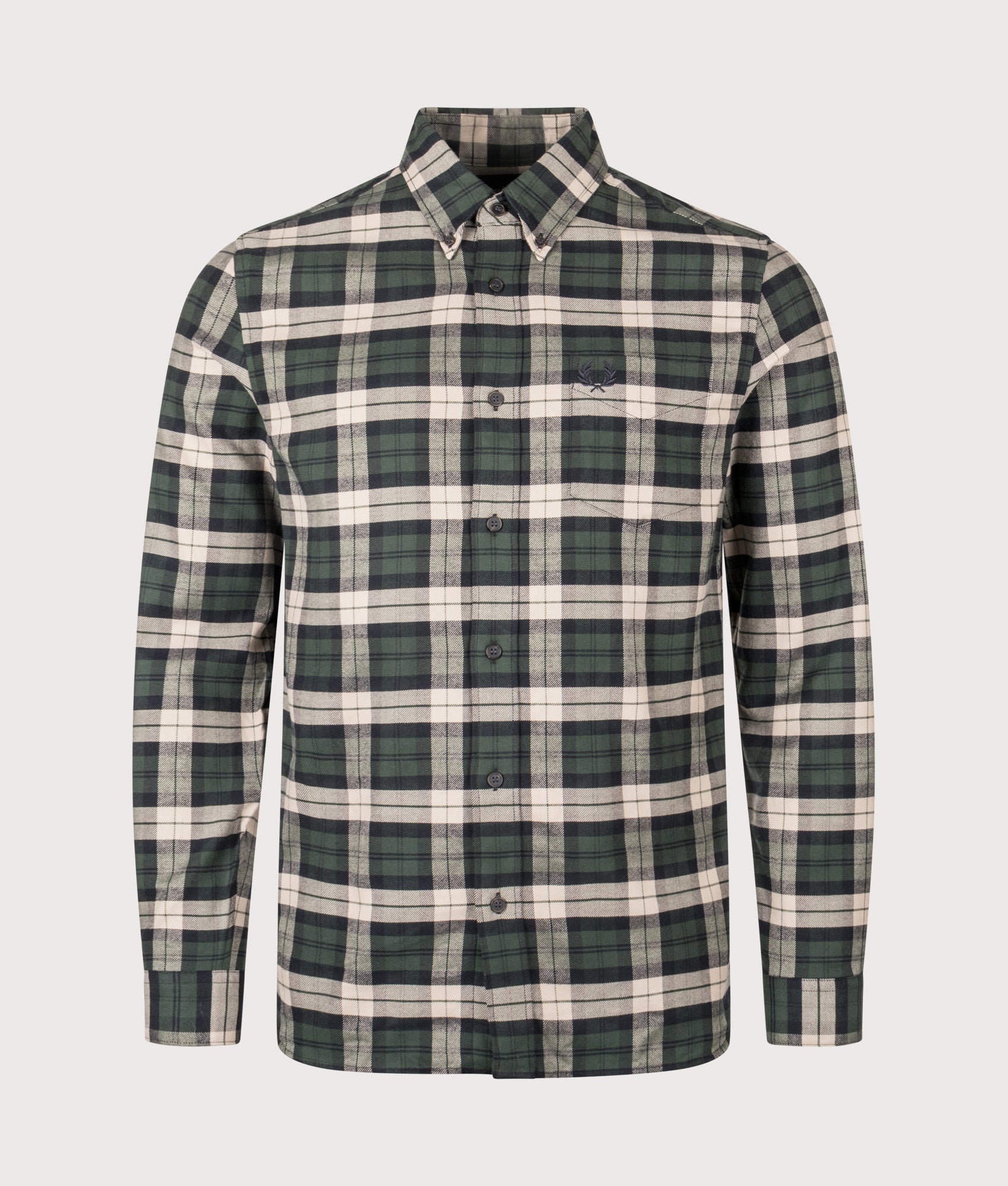 Fred Perry with the Brushed Twill Tartan Shirt in Court Green at EQVVS Menswear. Front shot.