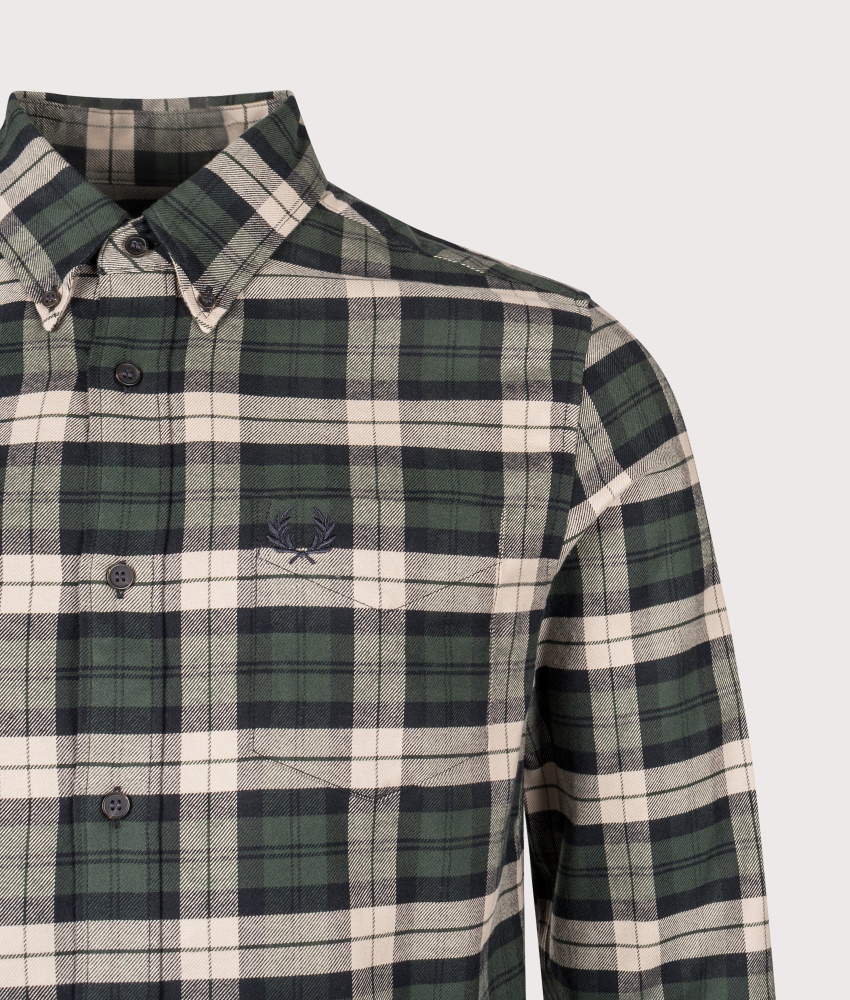 Fred Perry with the Brushed Twill Tartan Shirt in Court Green at EQVVS Menswear. Detail shot.