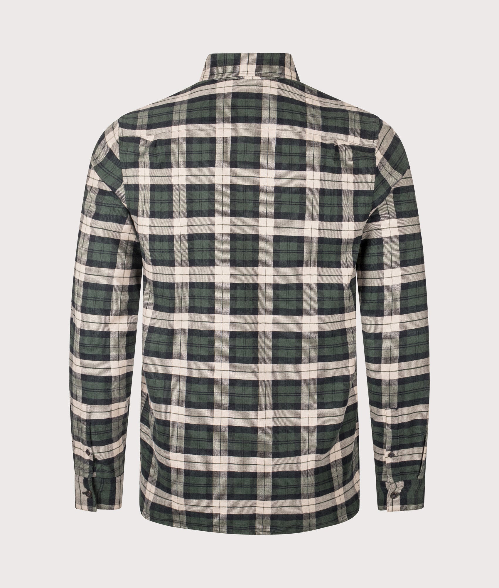 Fred Perry with the Brushed Twill Tartan Shirt in Court Green at EQVVS Menswear. Back shot.