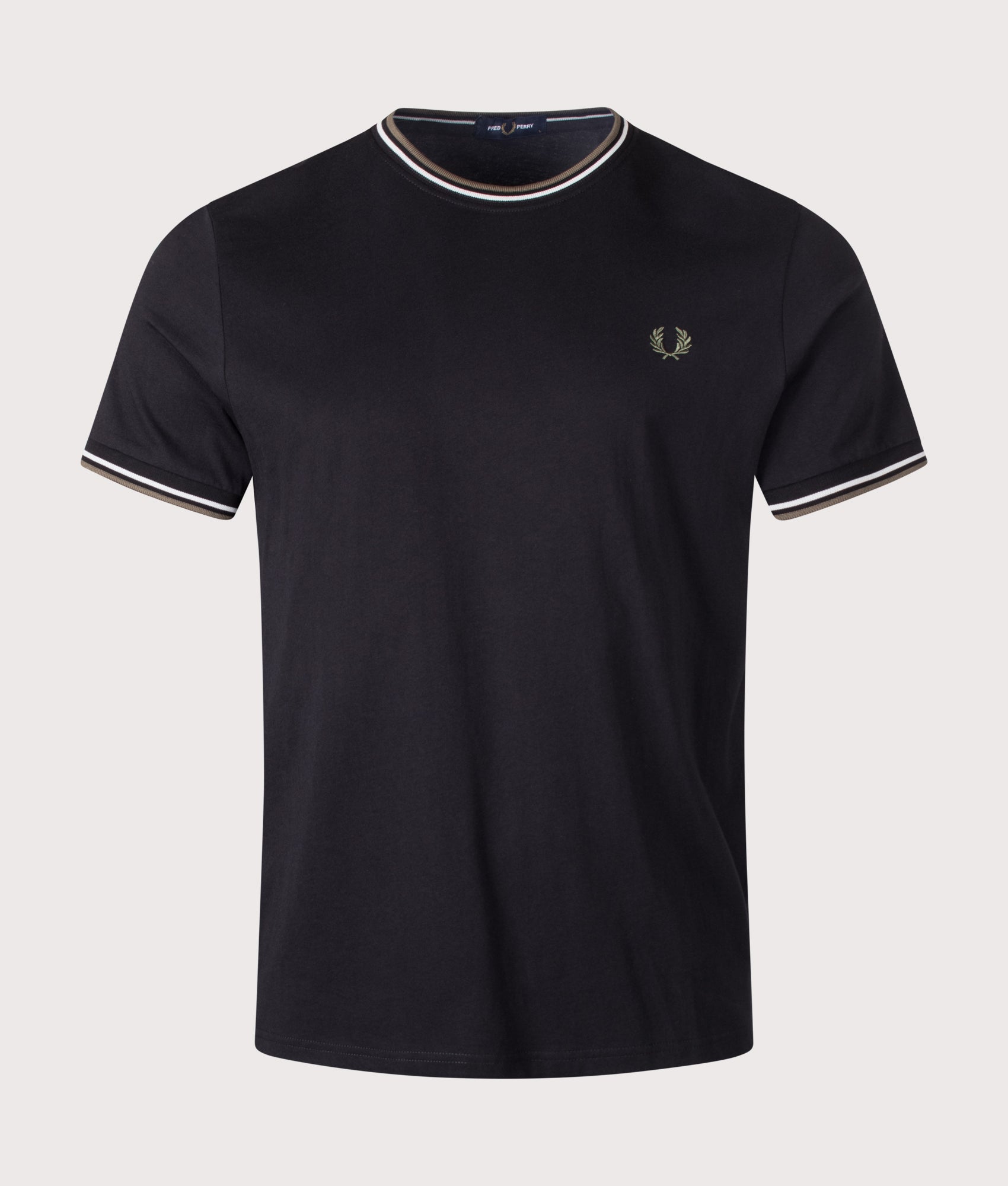 Fred Perry Twin Tipped T-Shirt in Black, Ecru and Laurel Wreath Green at EQVVS Menswear. Front shot.