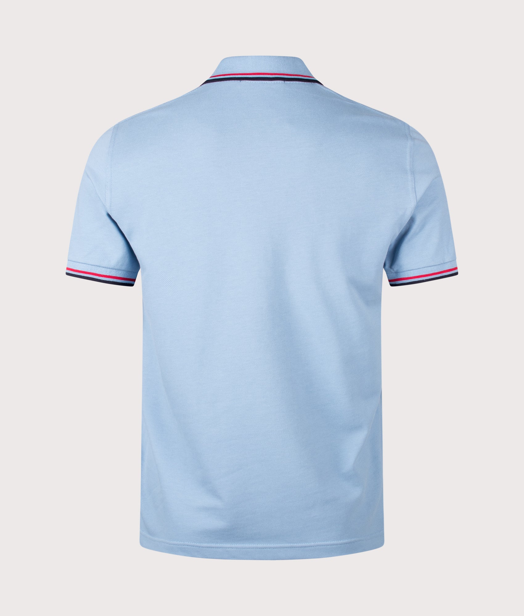 Fred Perry M12 Twin Tipped Fred Perry Polo Shirt in Sky, Red and Navy at EQVVS Menswear. Back shot.
