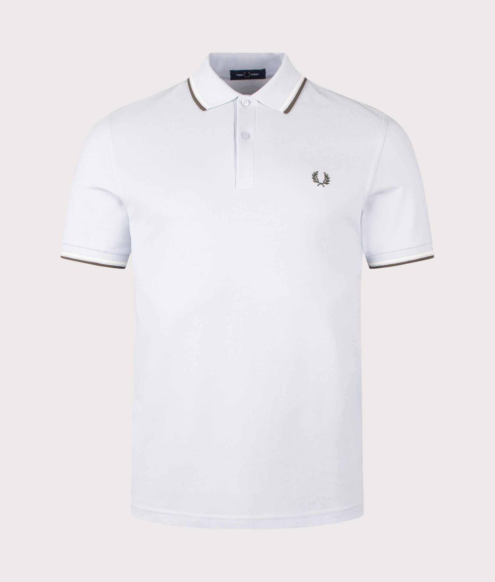 Fred Perry Twin Tipped Polo Shirt in Dusky Blue, Ecru and Laurel Wreath Green at EQVVS Menswear. Front shot.