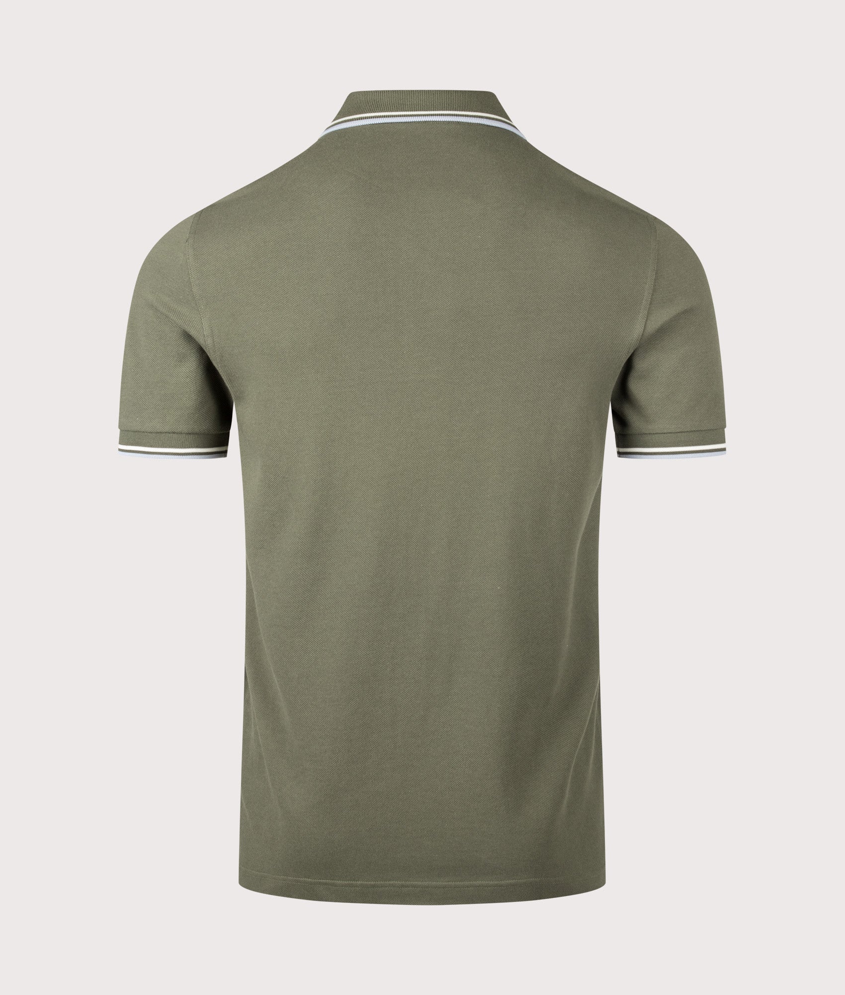 Fred Perry Twin Tipped Polo Shirt in Laurel Wreath Green, Ecru and Dusky Blue at EQVVS Menswear. Back shot.