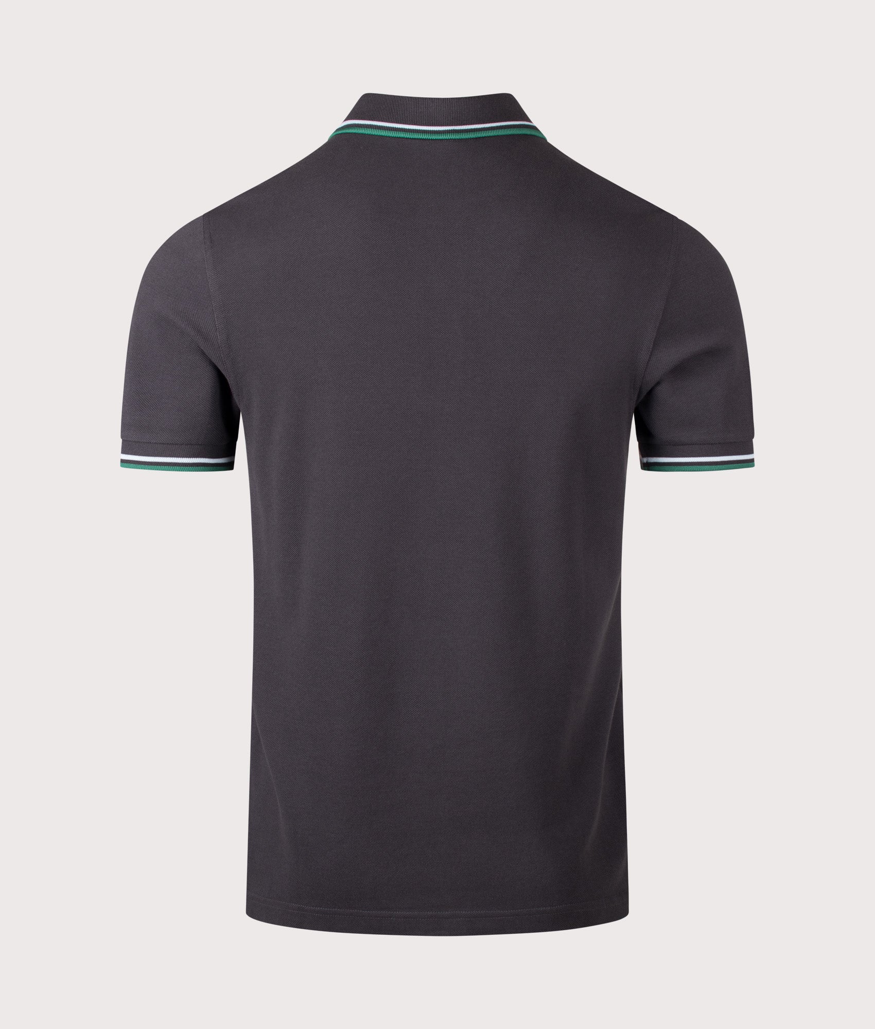 Fred Perry Twin Tipped Polo Shirt in Anchor Grey, Light Ice and Sport Green at EQVVS Menswear. Back shot.