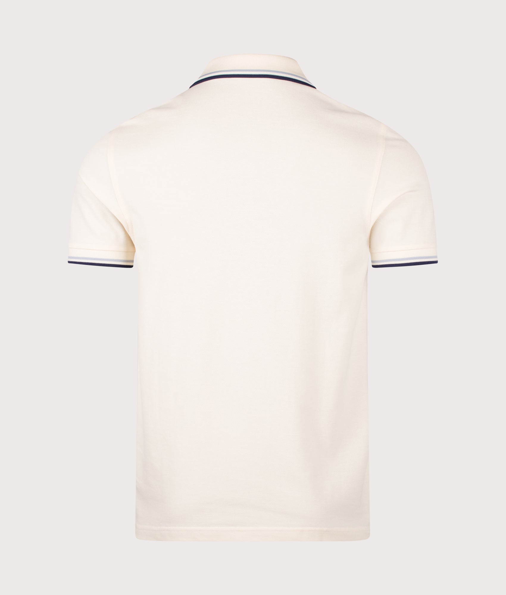 Fred Perry Twin Tipped Polo Shirt in Ecru, Dusky Blue and French Navy at EQVVS Menswear. Back shot.